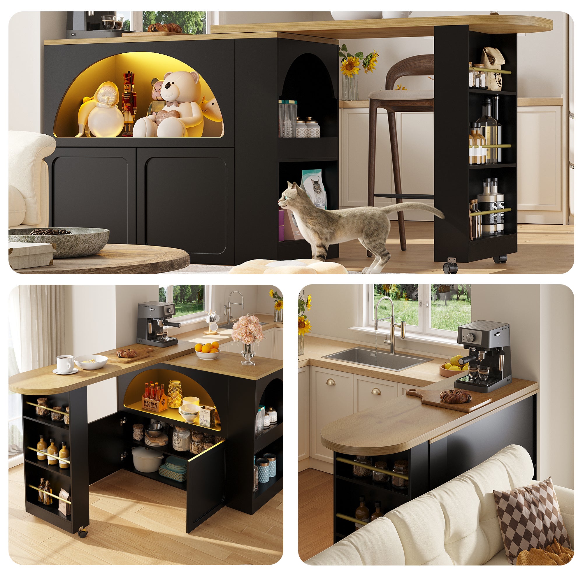 Table de bar extensible avec espace de rangement (135-205×39×100 cm ...