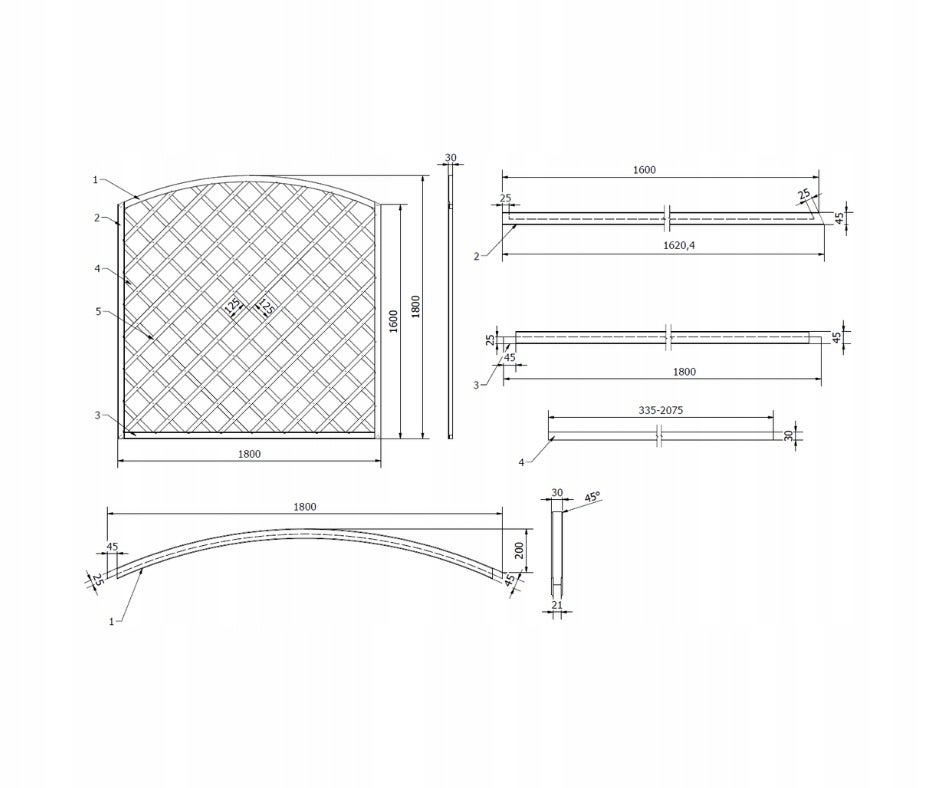 Kratka diagonalna łuk Roma 180x180/160 cm (oczko 12,5x12,5) - 2