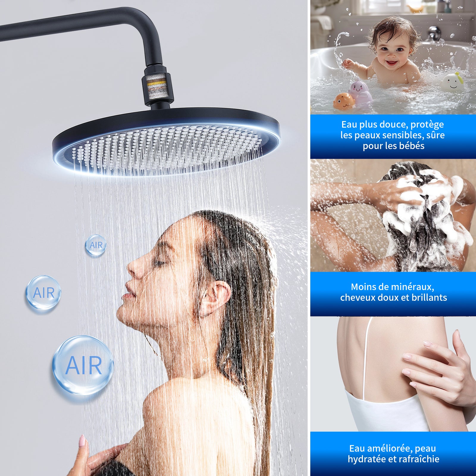 Coluna de chuveiro termostática, conjunto de chuveiro preto com 3 jatos, kit de chuveiro de mão com altura ajustável - 7