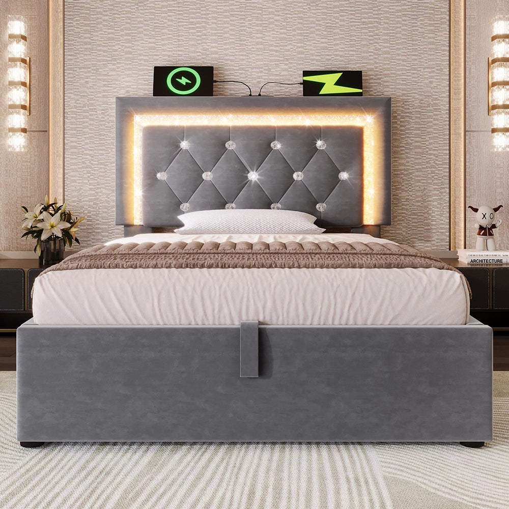 Łóżko tapicerowane, zagłówek z diodami LED w kształcie rombów, stacja ładująca USB i Type-C, aksamit, szary (bez materaca) – 90 x 200 cm