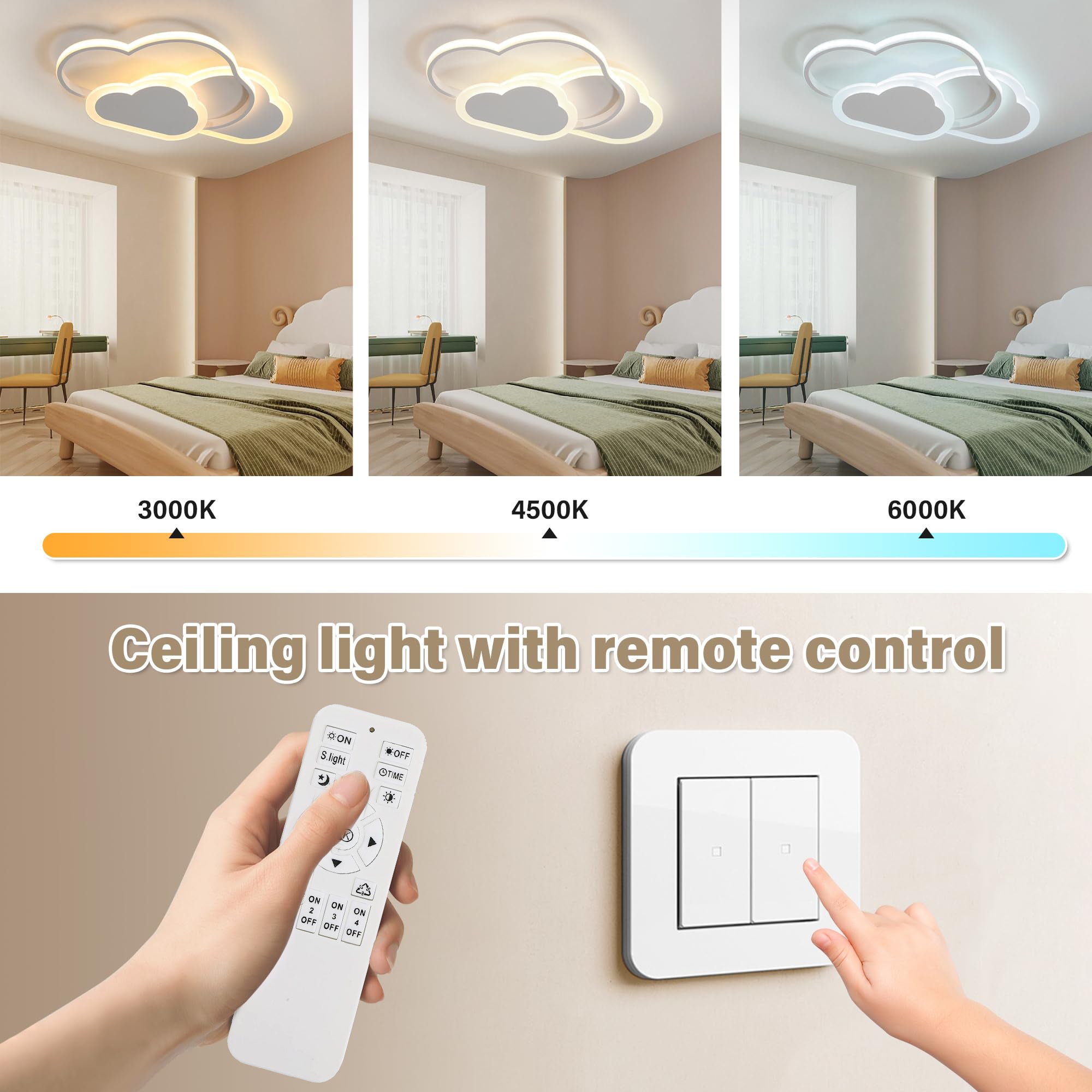 Lámpara de techo LED, lámpara de techo para habitación infantil de 42 W con control remoto, luz de techo LED de nube regulable de 52 cm, 3000-6000 K - 4
