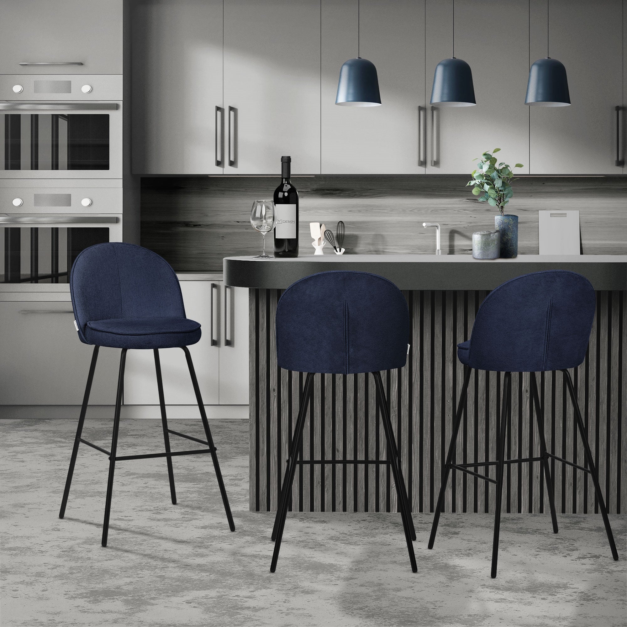 ML-Design zestaw 2 hokerów barowych ciemnoniebieskich 75 cm tapicerowanych wygodne ergonomiczne krzesła z oparciem i podnóżkiem metalowa konstrukcja