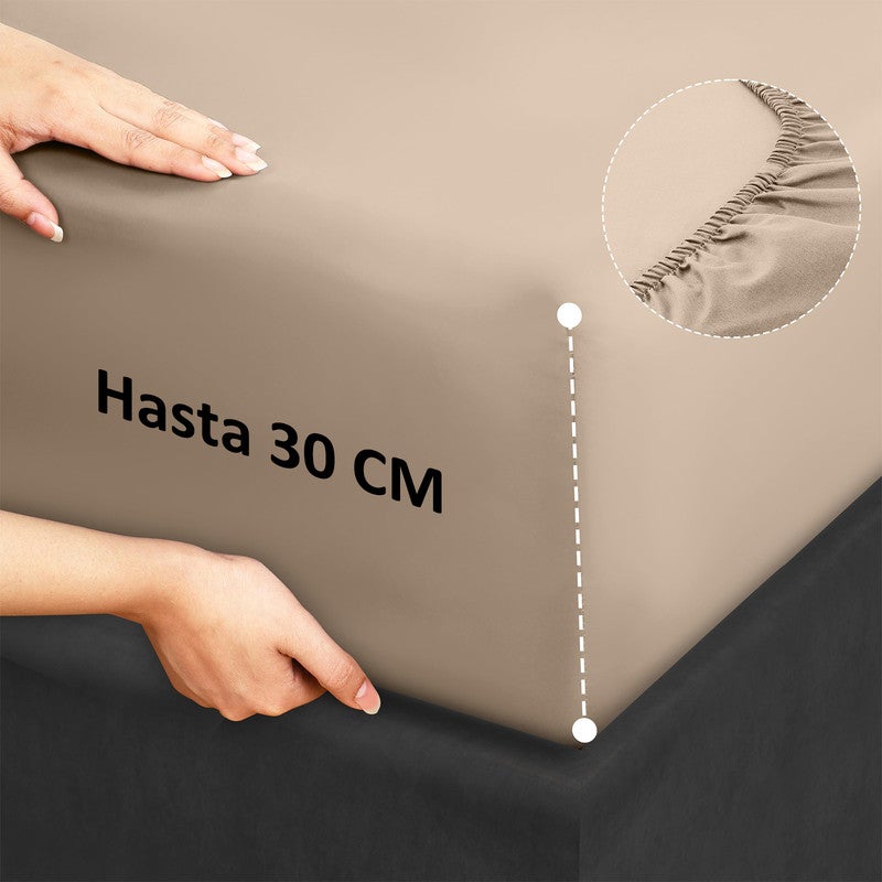 Juego de Sábanas 100% Algodón | 3 Piezas | Bajera Ajustable 30 CM | Funda Almohada Boca Abierta | Hipoalergénico, Absorbe Humedad | Beige Cama 135 - 5