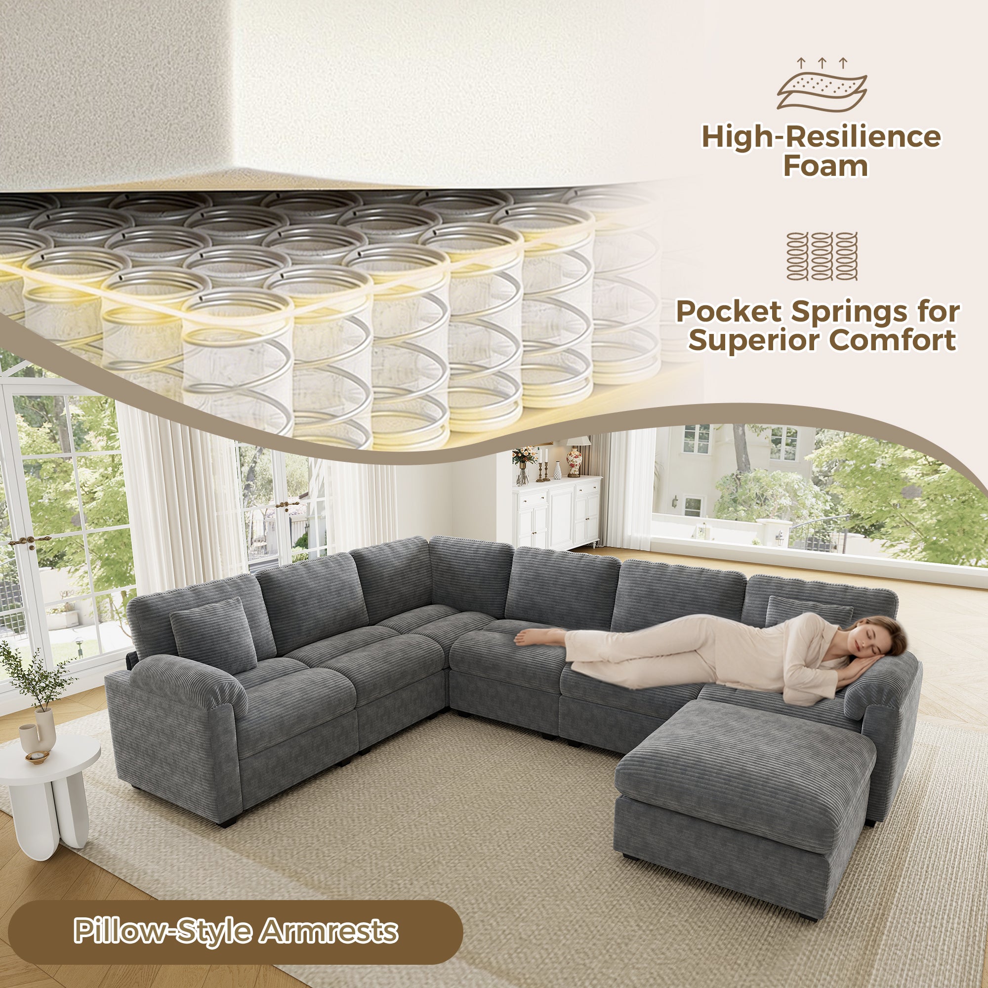 Canapé d’angle modulable 7 places 274,5x210,5x85,5 cm avec pouf + coussins, grand canapé salon, tissu velours côtelé, gris - 7