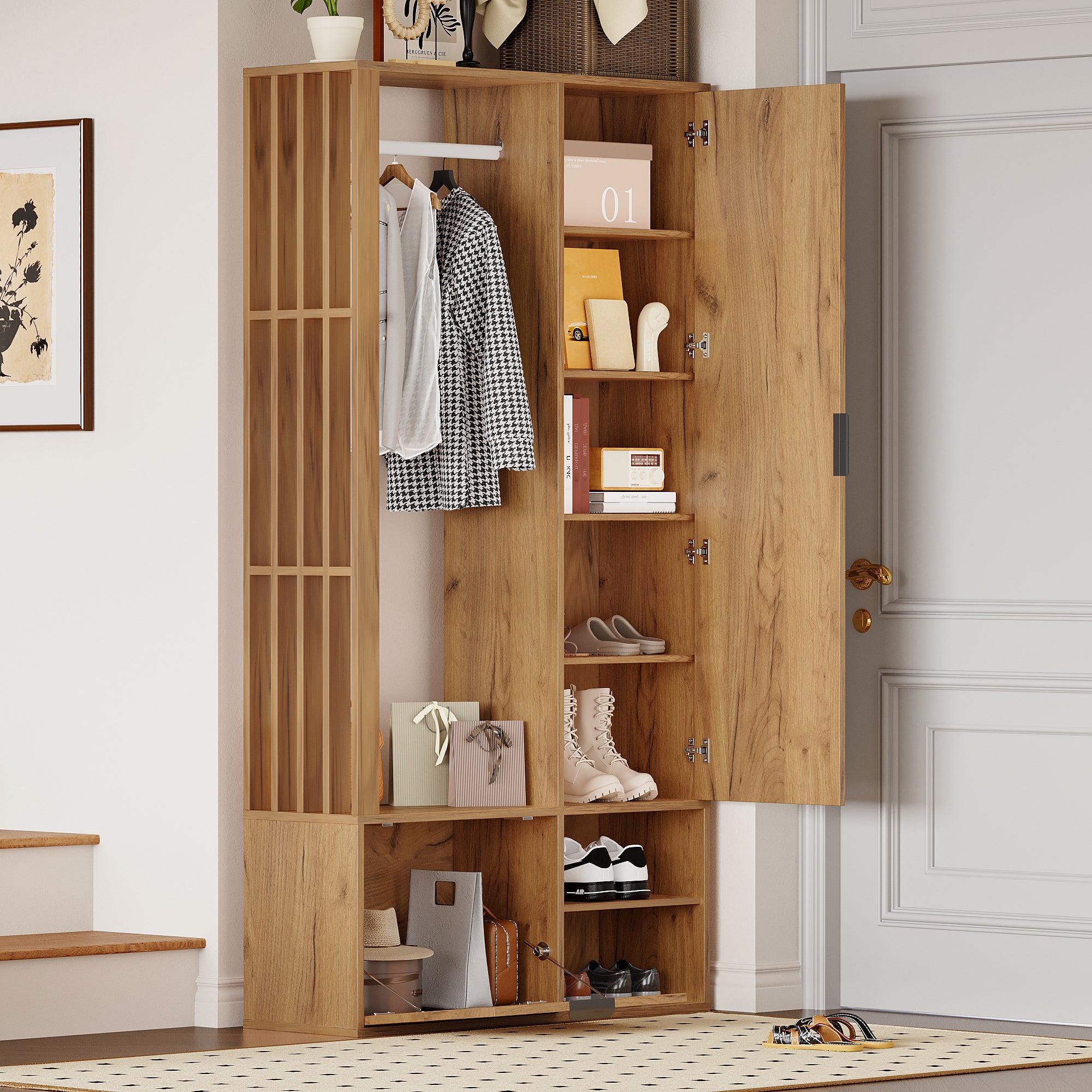Meuble d'entrée avec 2 Armoires 9 Compartiments Miroir et Penderie ouverte pour Entrée en Panneau Naturel 100 × 33 × 190 cm - 3