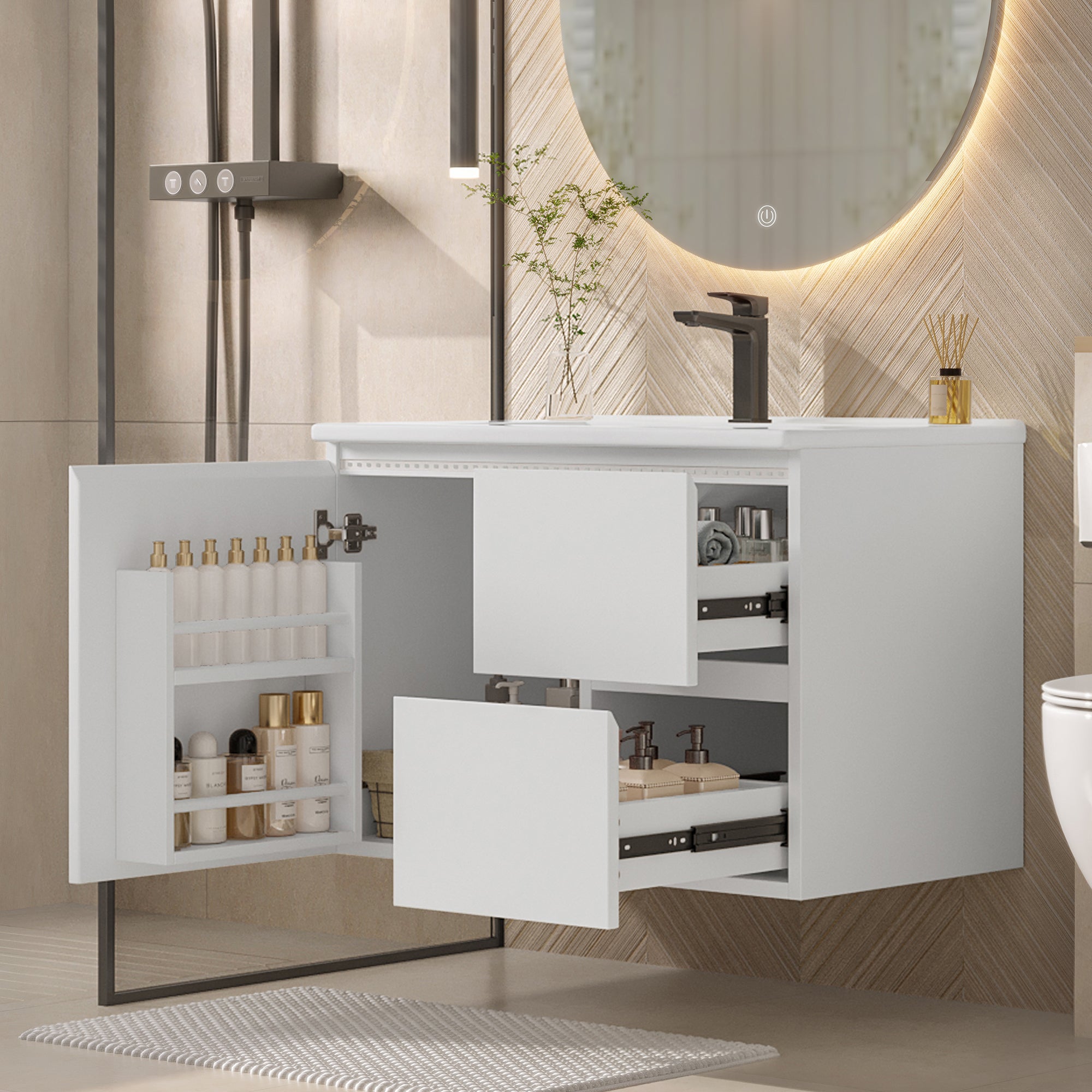 Szafka łazienkowa wisząca z pojedynczą umywalką - 2 szuflady i 1 drzwi - 76x46x50cm - umywalka MDF i ceramiczna - diody LED - biała