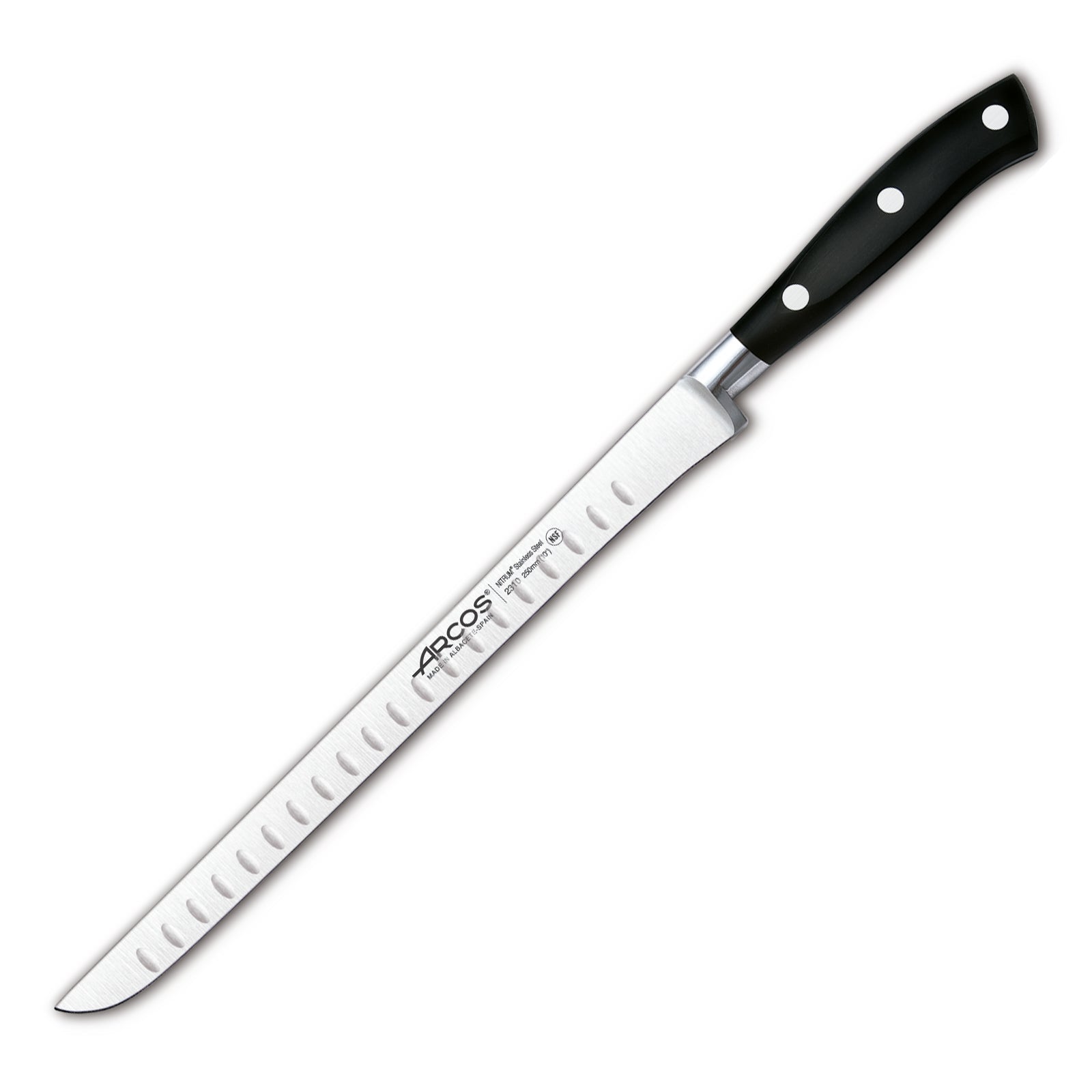 Arcos Hermanos Arcos Riviera, Cuchillo Jamonero Alveolado 25 Cm Acero Inoxidable Forjado Nitrum Carne/Negro Acero Inoxidable, Leroy Merlin