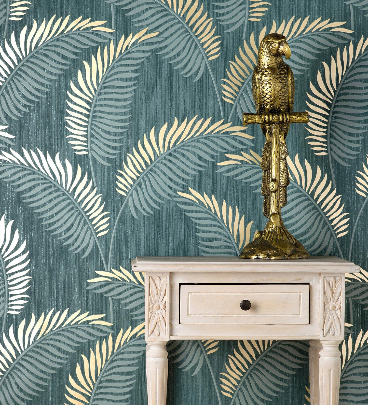 Papel pintado vinílico lavable tropical de hojas en relieve y detalles metalizados - alan palmer 681289 de gaulan - rollo de 10 m x 0,53 m