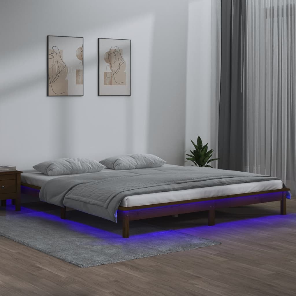 Łóżko Drewniane Brązowe Rama Łóżka Ze Stelażem Drewniana Do Sypialni Pokoju LED 200x200 cm