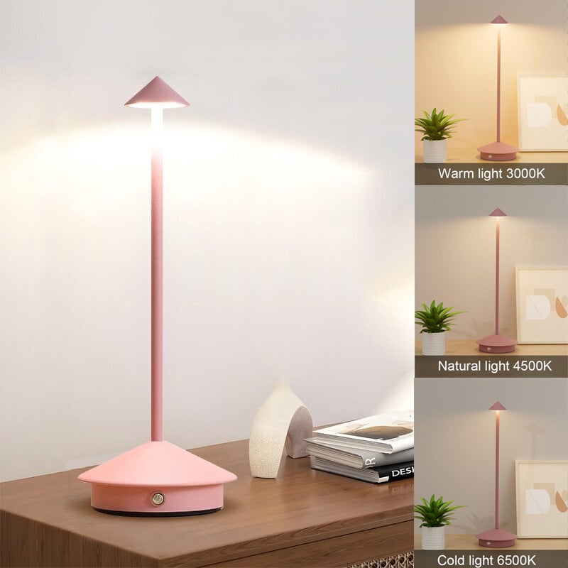Nowoczesna aluminiowa lampka stołowa, ładowalna lampka biurkowa w kształcie grzyba, trzy temperatury barwowe i 5 poziomów regulacji jasności (różowa)