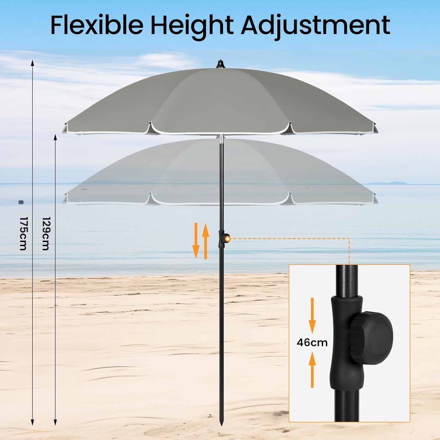 WOLTU Parasol de Jardin Extérieur, Parasol Plage, Hauteur Réglable, Parasol pour Balcon, Terrasse, Plage, Marché, Anti-UV, φ 155 cm Gris Foncé - 4
