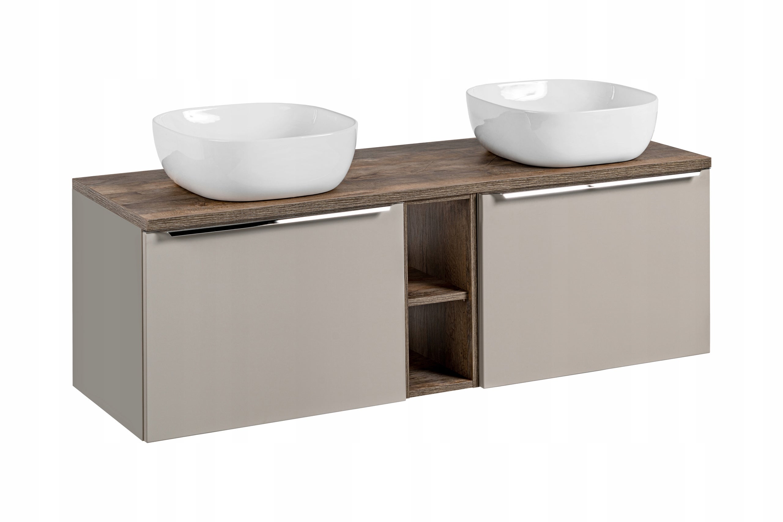 Szafka łazienkowa SANTA FE 140 cm taupe z blatem dąb Santa Fe i umywalkami