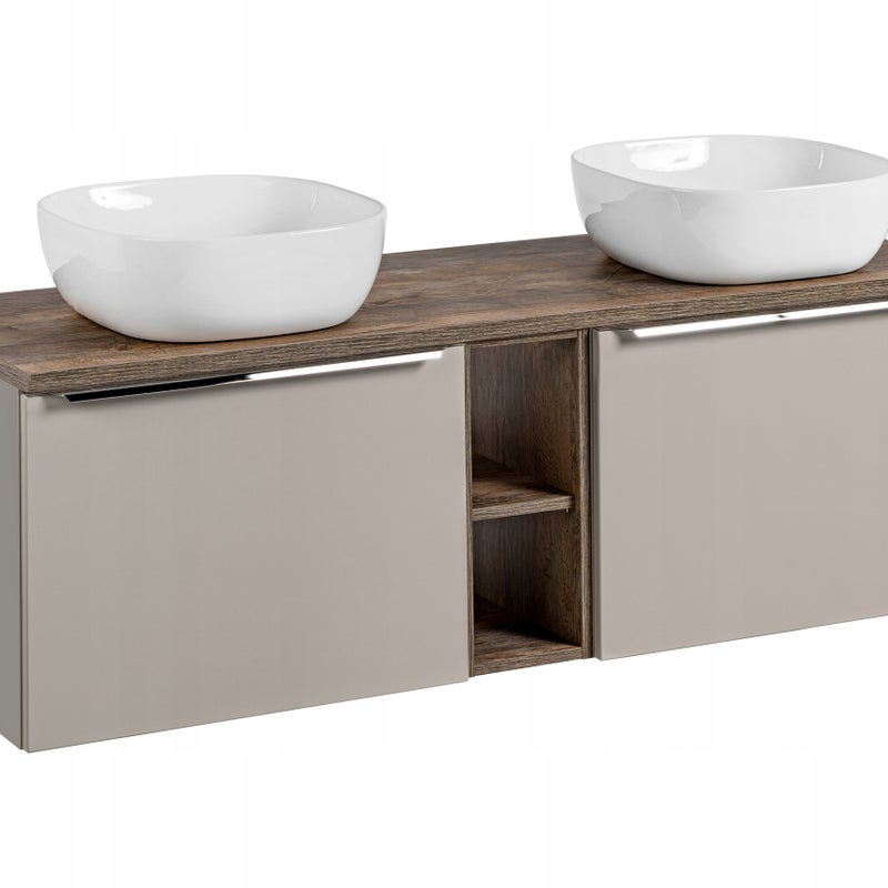 Szafka łazienkowa SANTA FE 140 cm taupe z blatem dąb Santa Fe i umywalkami