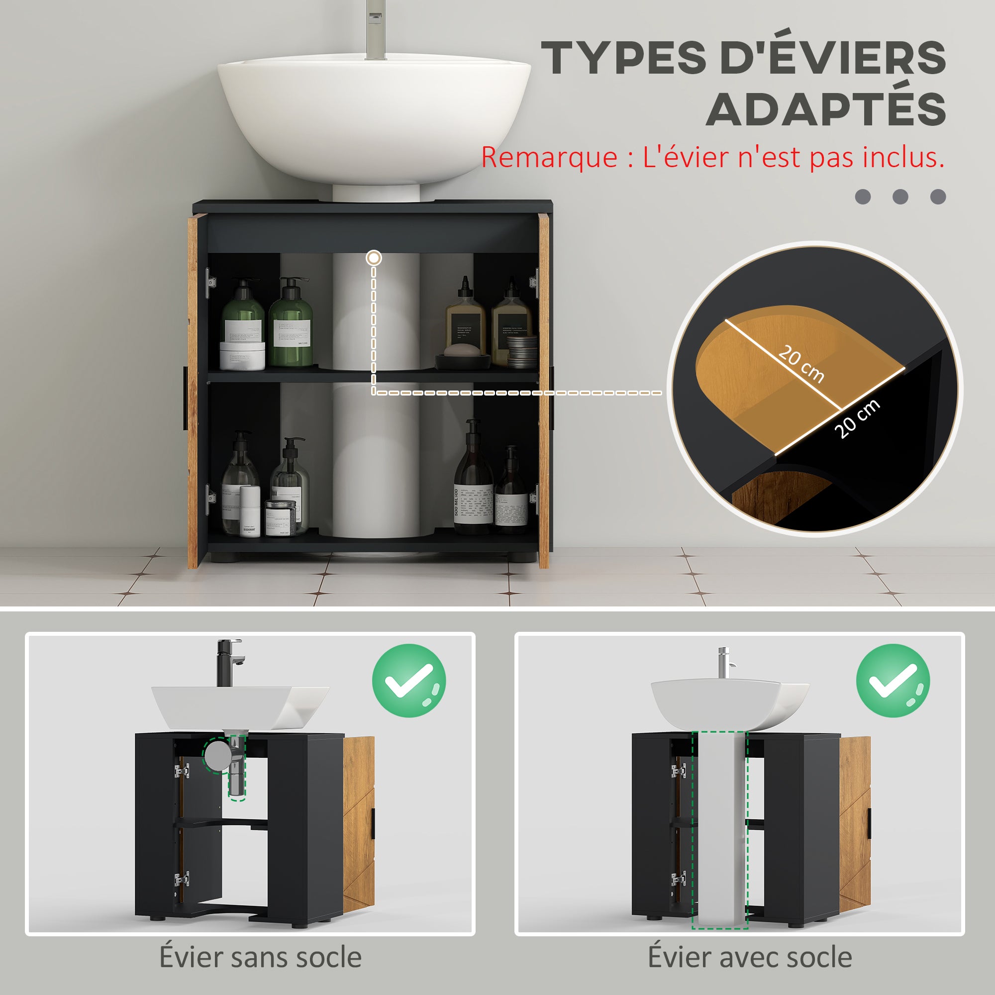 Meuble sous-vasque panneau de particules 2 portes KLEANKIN - 4