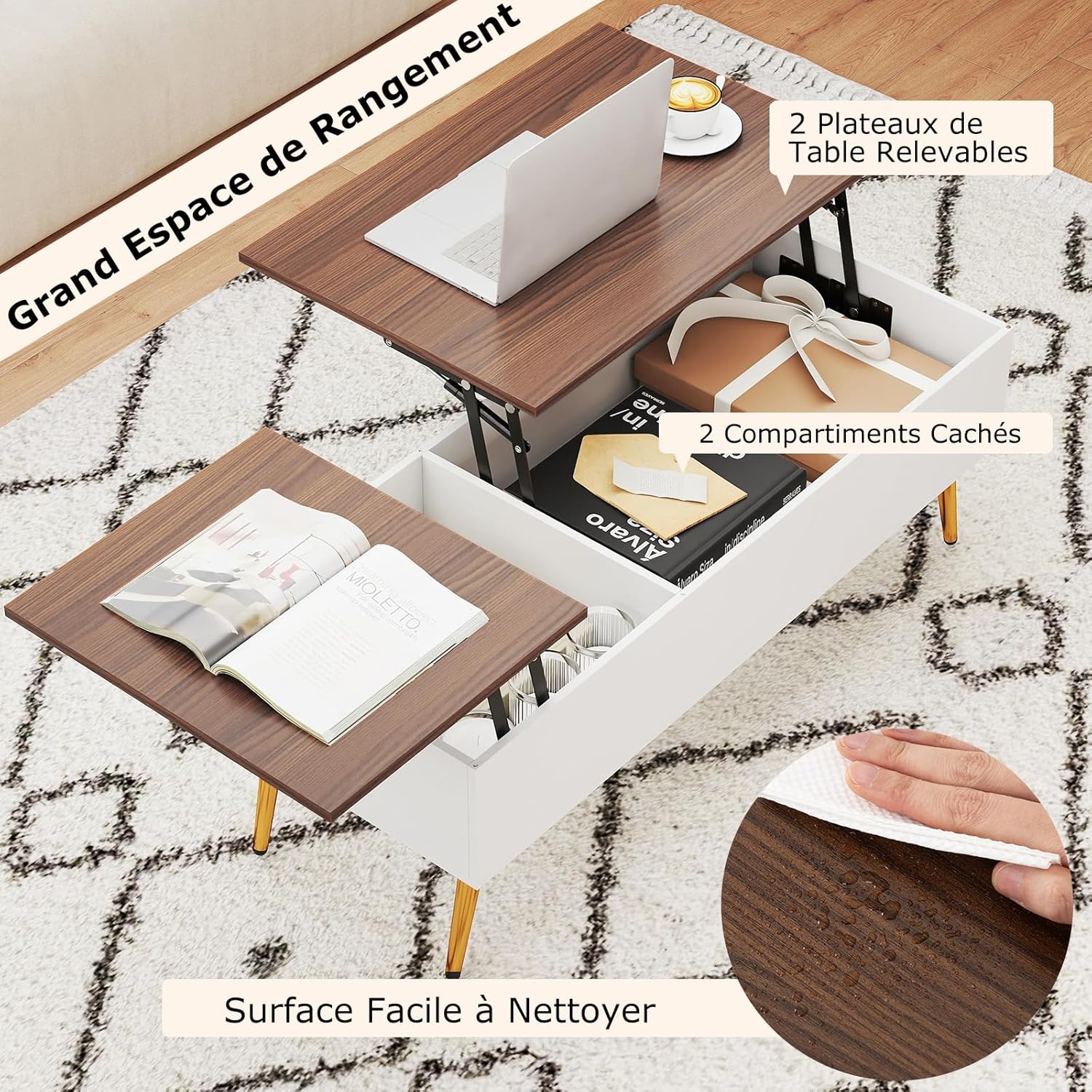 Tavolino ribaltabile con contenitore, tavolino da salotto con ripiano ribaltabile, per ufficio, 111 x 48 x 40-53,5 cm (bianco+noce) - 7