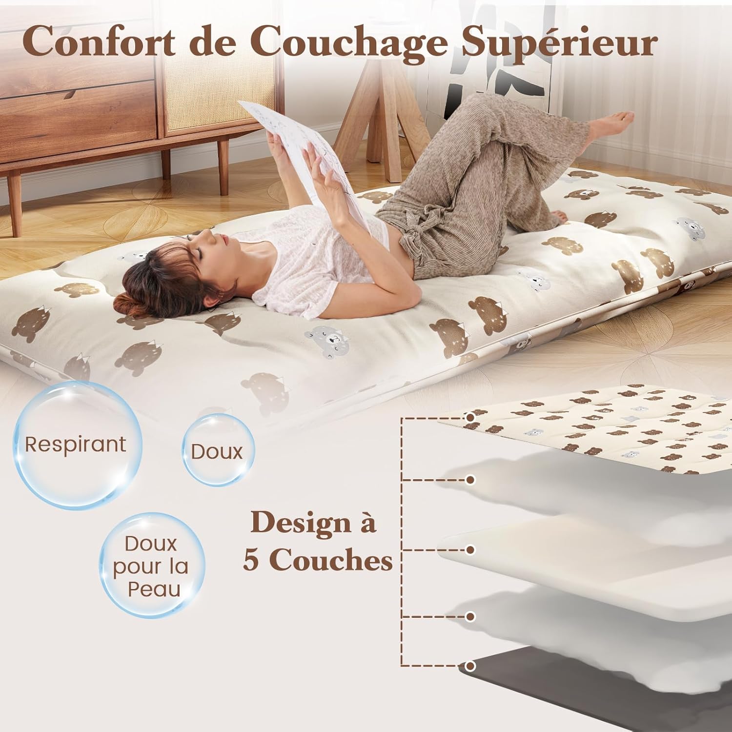Matelas Futon Japonais 1 Personne 90x200CM, Lit de Couchage Enroulable de Sol Pliable et Portable avec Sac de Transport pour Camping, Voyages, Ours - 5