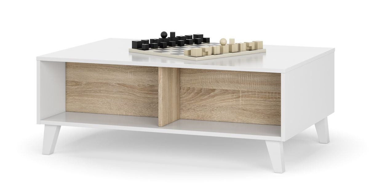 ZAIKEN PLUS Table basse scandinave blanc brillant et decor chene - L 100 cm - 2