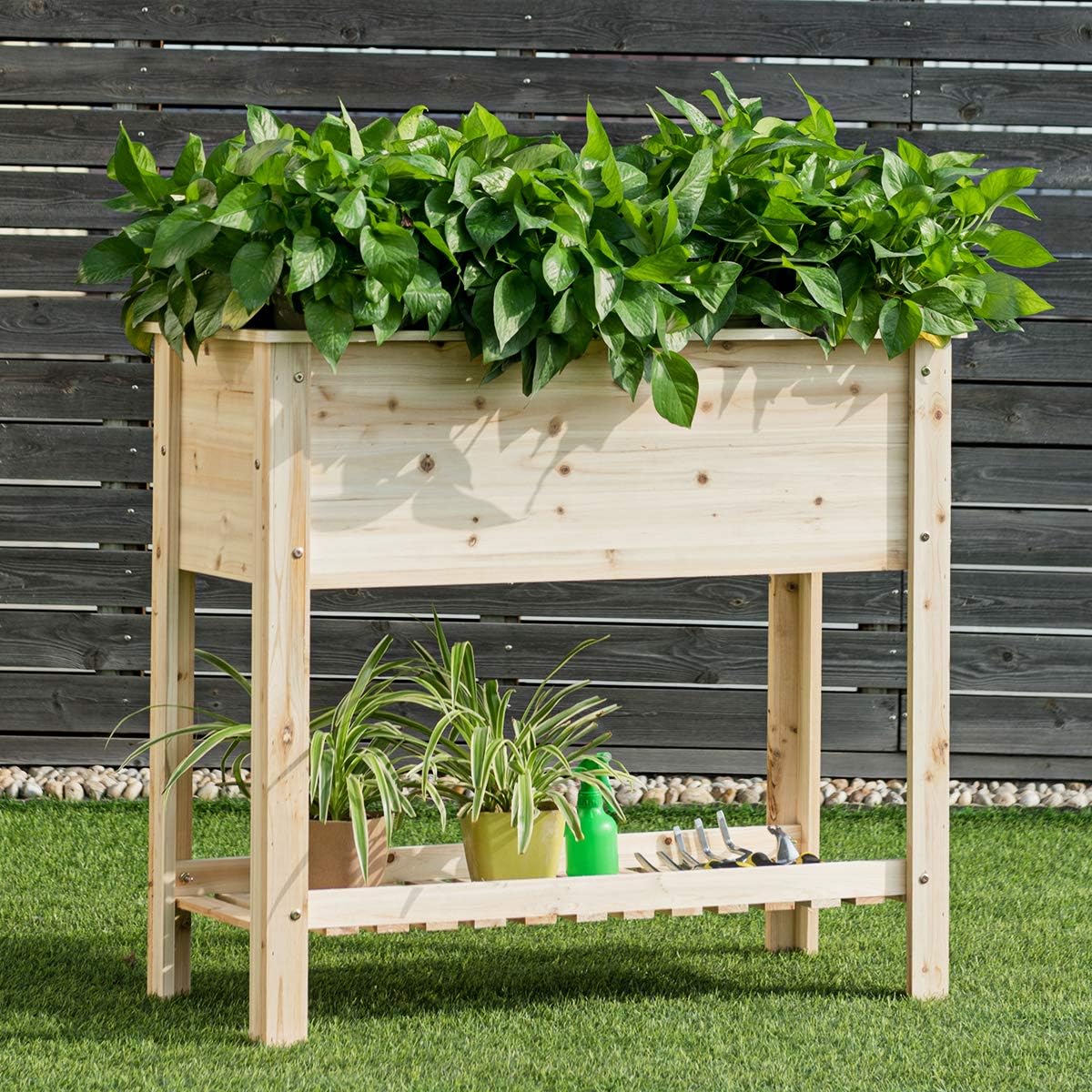 Carre Potager sur Pieds, Jardiniere Rectangulaire en Bois pour Legumes, Herbes, Fleurs, Lit Sureleve avec Etagere，Charge 80 KG(91,5 x 40,5 x 80,5 CM) - 8