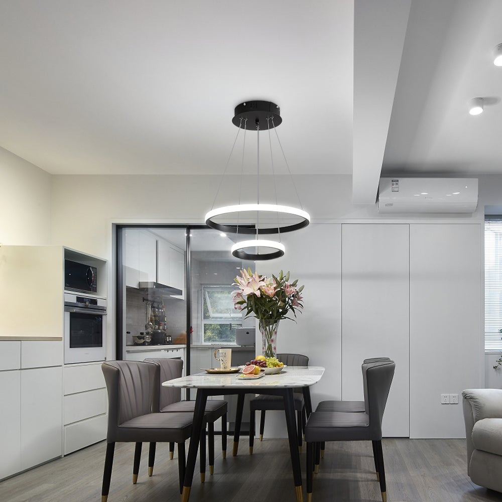 GOECO Suspension Luminaire - Lustre LED Moderne pour Salon Salle à Manger - 32W Lumière blanche 6500K, Lampe de Lustre 2 anneaux - Noir - Ø.20+40cm - 4