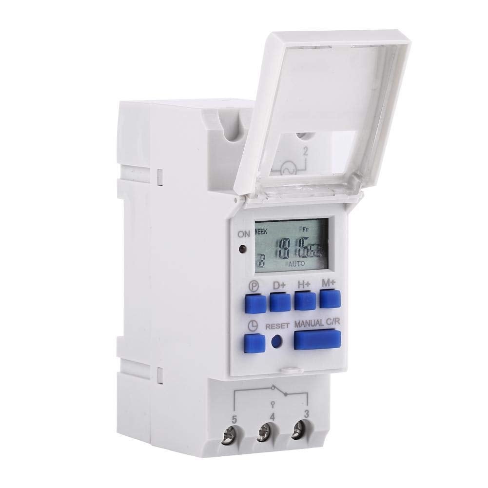 Programator do tablicy elektrycznej, tygodniowy programowalny timer z 16 włączeniami i wyłączeniami, wyświetlacz LCD na szynie DIN, biały (220V)