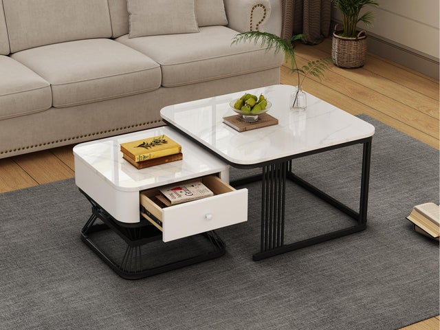 Lot de 2 tables gigognes - 70x70x45 cm + 50x50x40 cm - avec 1 tiroir - texture de marbre lisse - blanc + noir