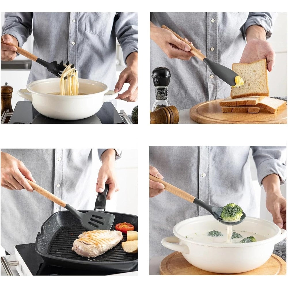 Set de utensilios cocina de silicona 12 piezas juego para cocinar con mango de madera resistentes al calor y Antiadherentes gris - 3