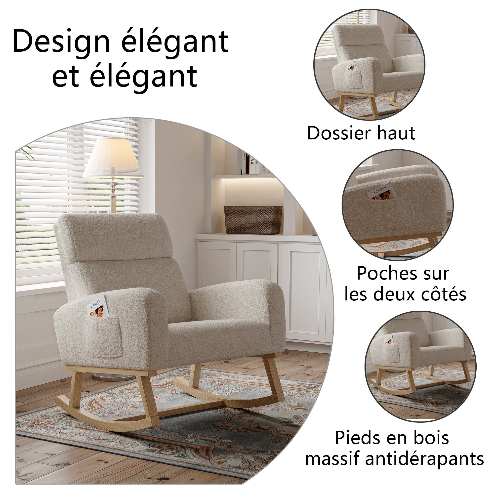 Fauteuil à Bascule - 87x79x69cm - avec Poches Latérales et Bois Massif - Confort Ergonomique - en Polaire Teddy Beige - 6