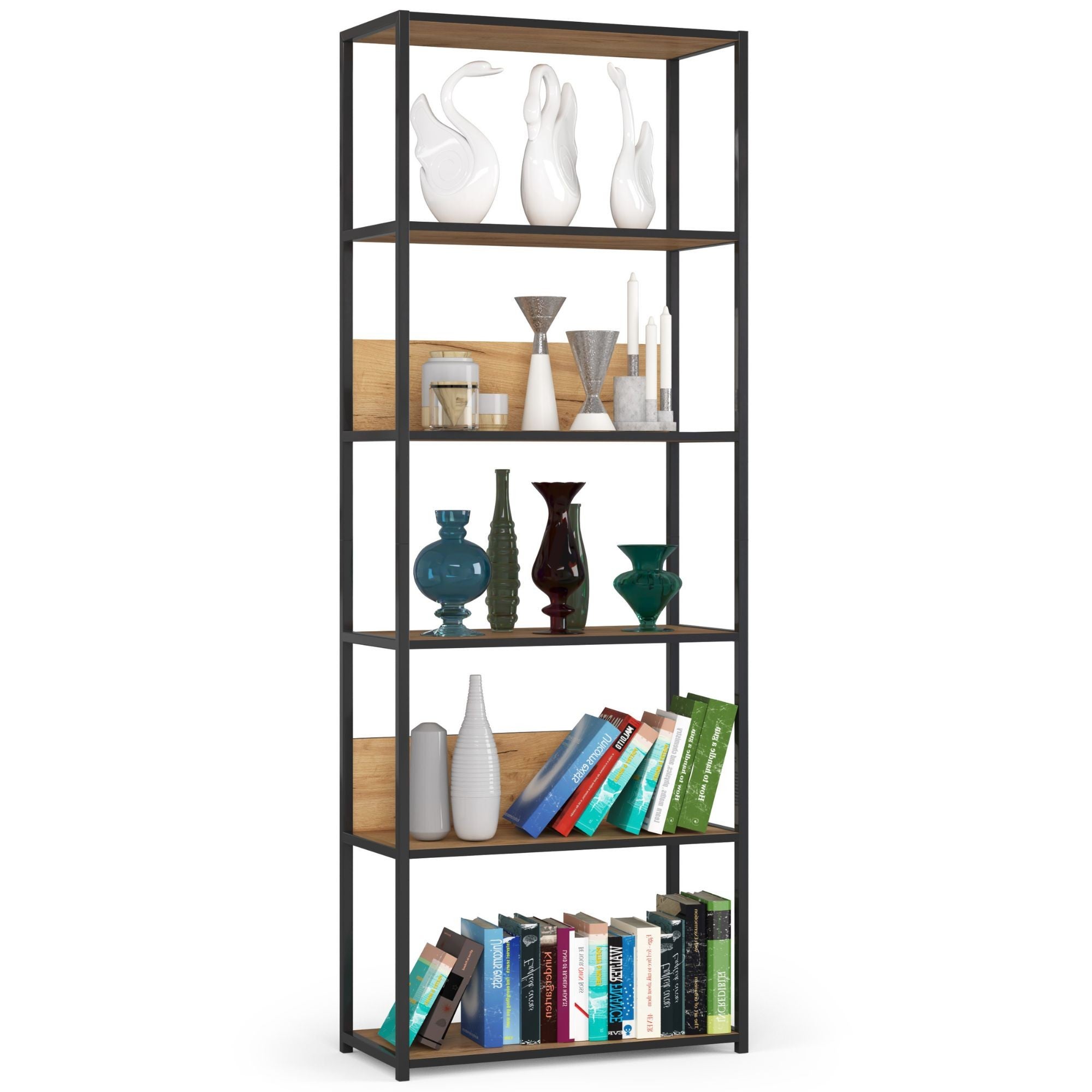 Regał loft AKORD metalowy Czarny 70 cm kolor Dąb Craft mat 6 półek 70x32x192 cm