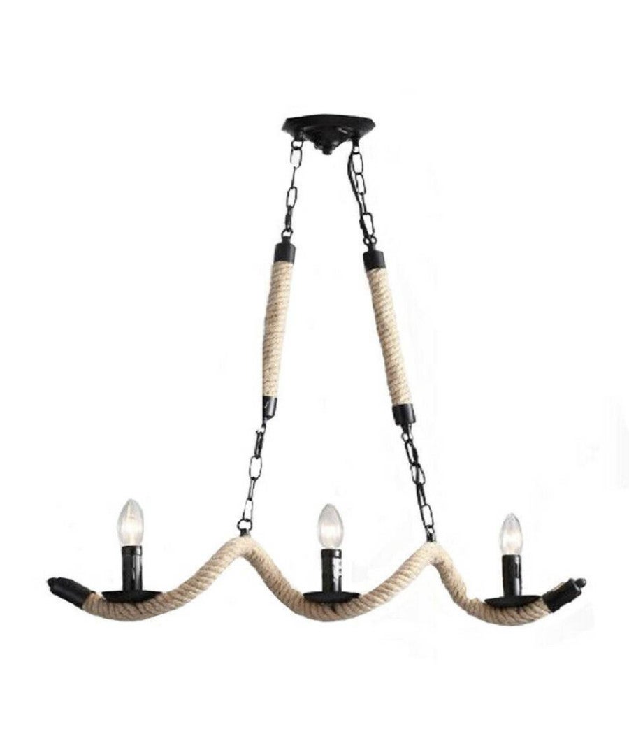 Trade Shop - Lampadario Vintage 3 Portalampada E14 Corda Canapa Lampada Country Retro A40-3 - - 2