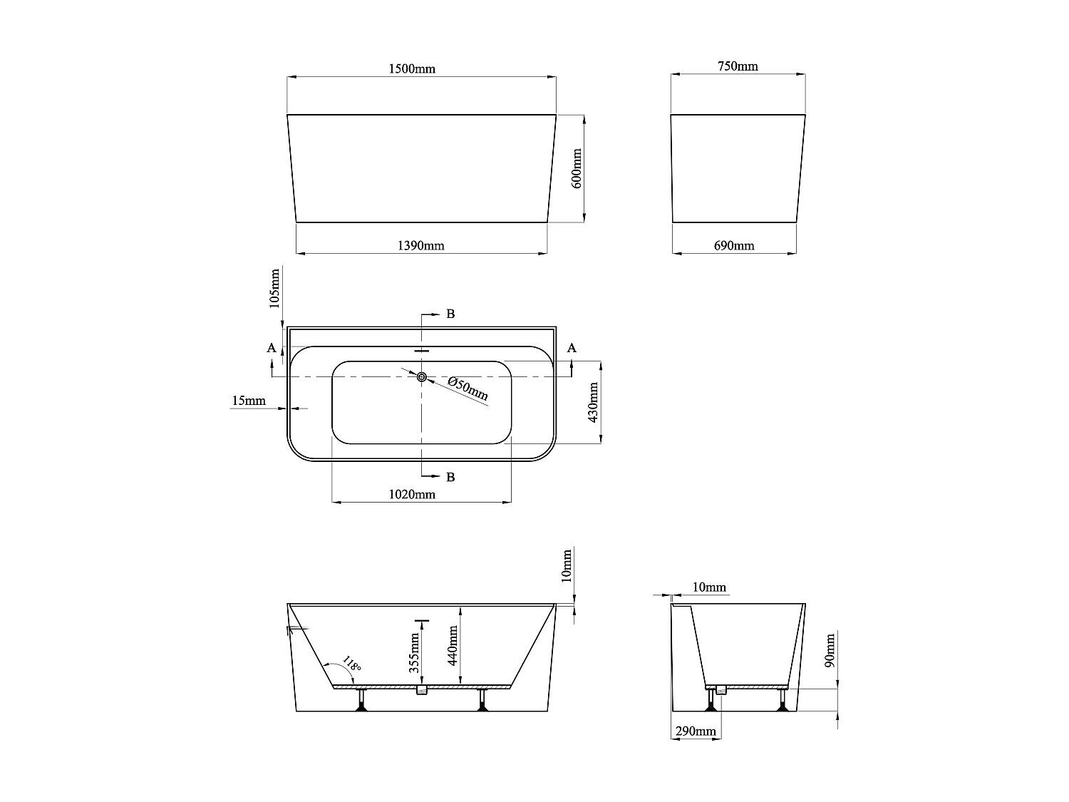 Bañera semiempotrada rectangular - 216L - 150 x 75 x 60 cm - Blanco brillante - Acrílico - ATESA - 5