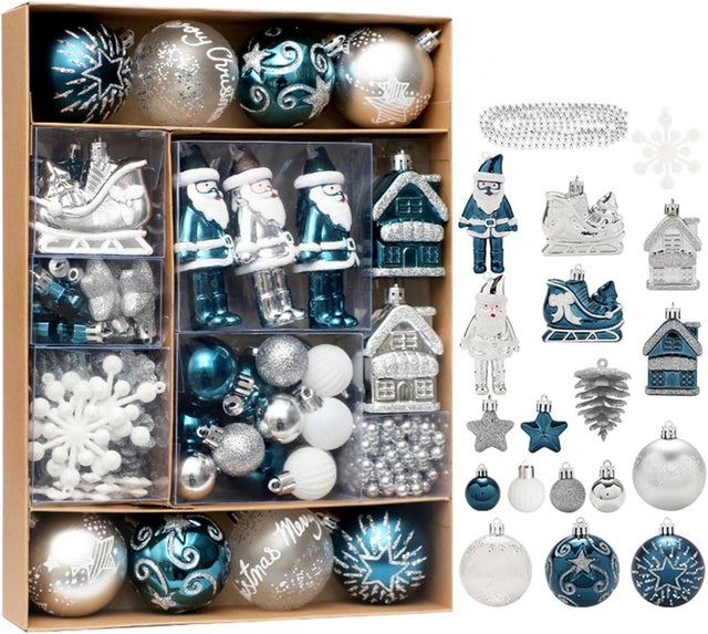 Conjunto de 50 bolas de Natal para árvore — pequenas esferas de plástico inquebráveis, decoração suspensa — Azul, Branco e Prateado