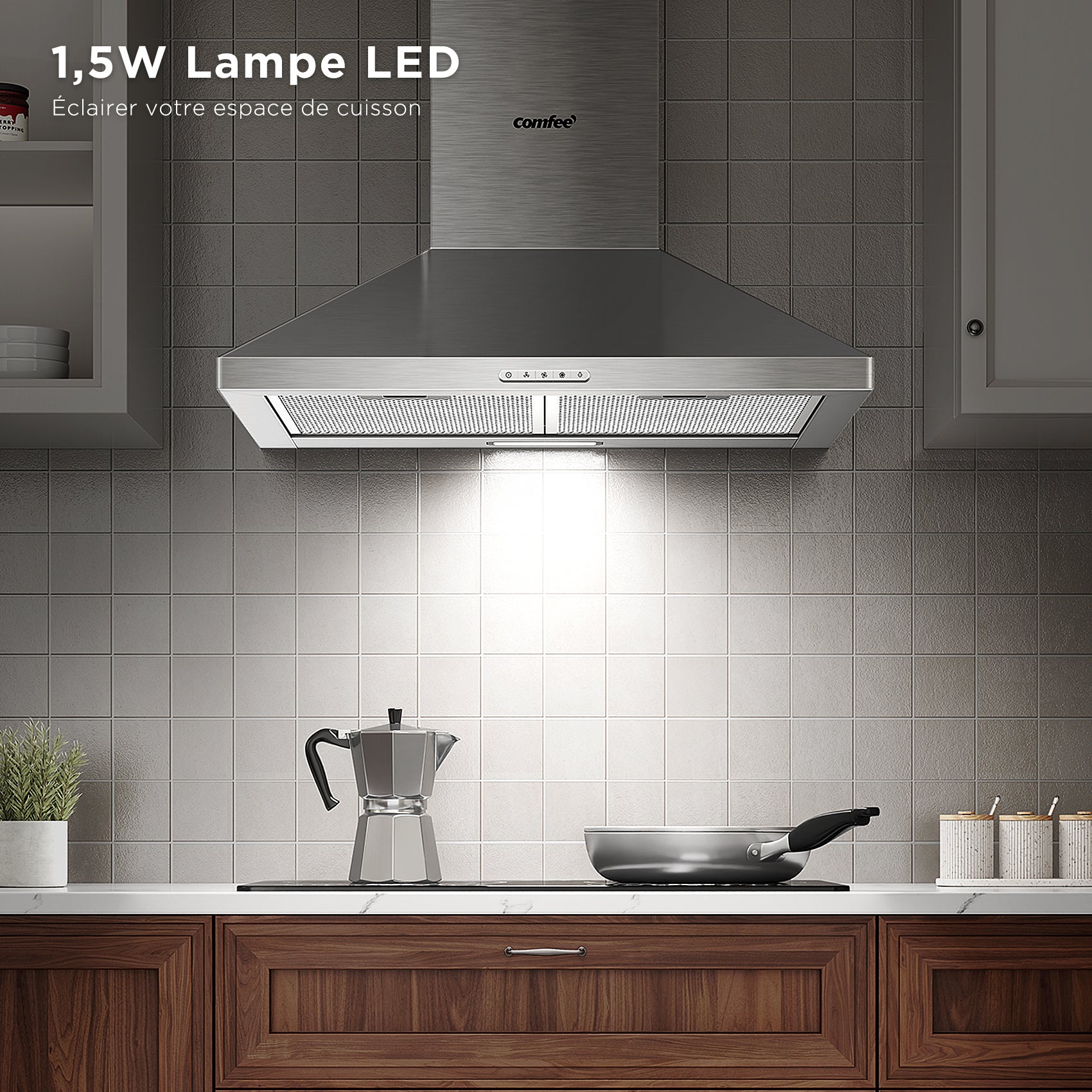 COMFEE Hotte Aspirante 60cm - 400 m³/h - Classe A++ - 2 Filtres à Charbon - 3 Vitesses - Recyclage & Évacuation - En Inox - 7