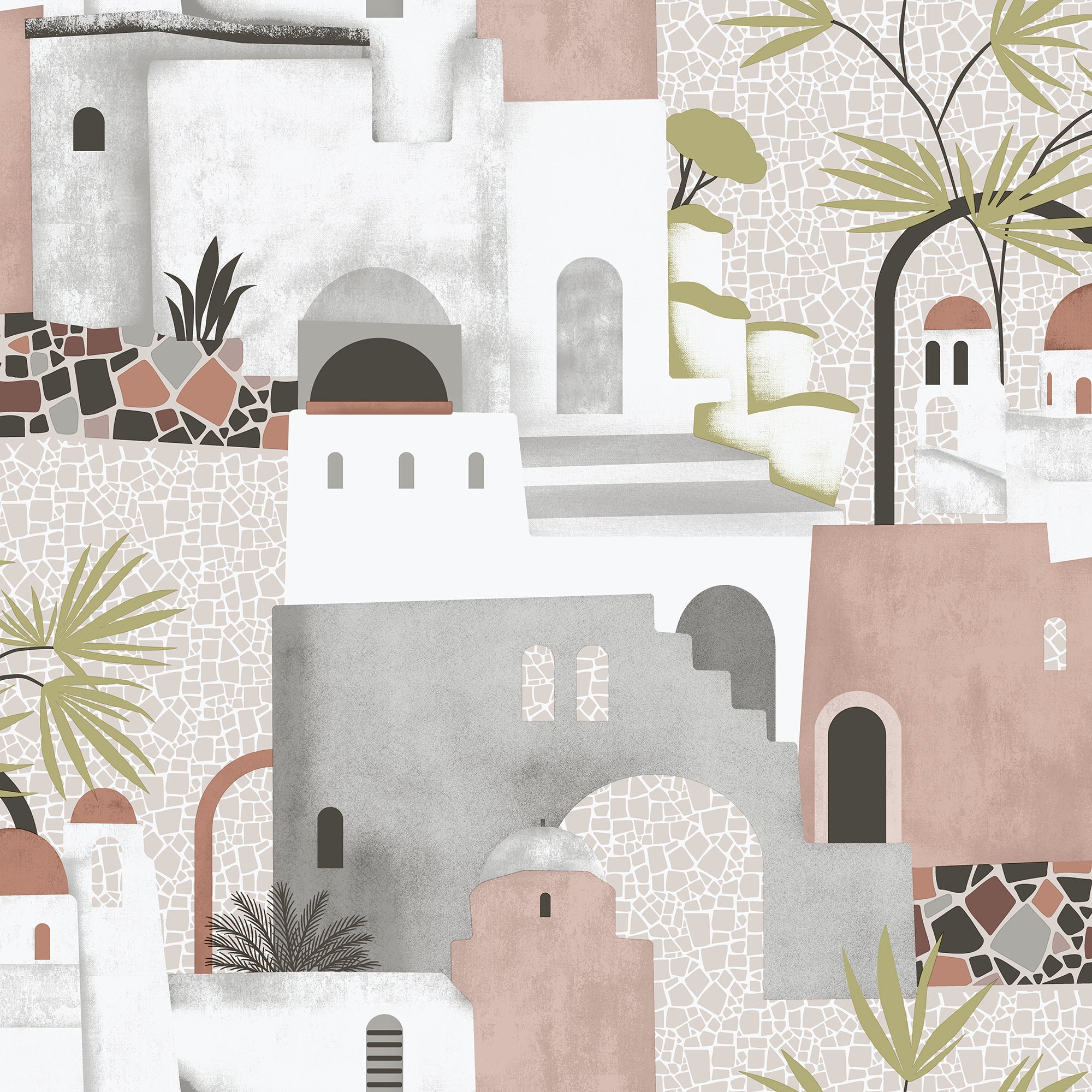 Papel pintado casas mediterráneas rosa viejo, gris y blanco - 53 cm x 10 m - sanders & sanders