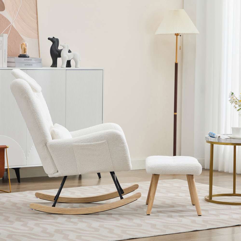 Fauteuil à bascule moderne blanc en tissu teddy avec repose-pieds, chaise de relaxation salon chambre confortable, capacité 100 kg - 4