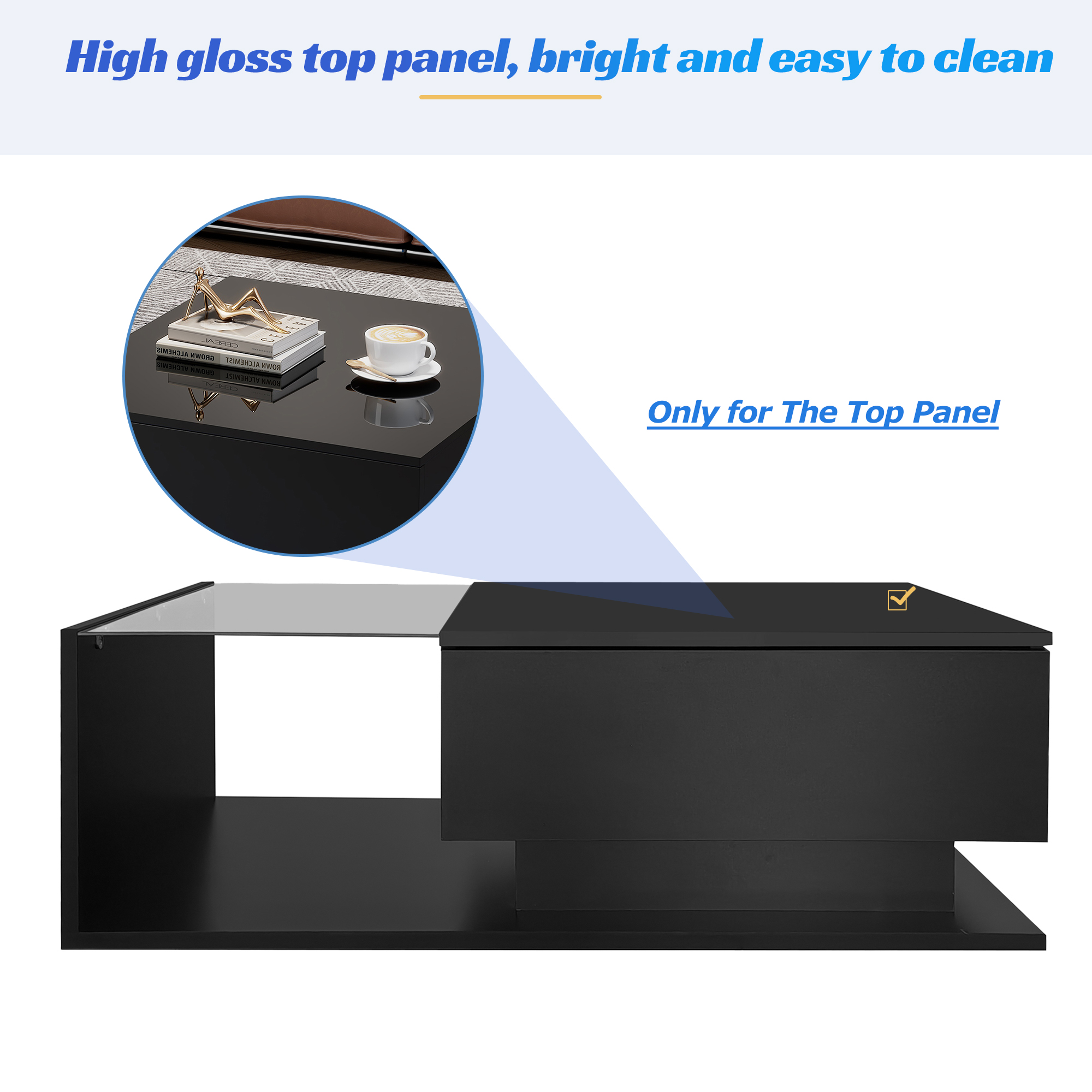 Table basse avec grand tiroir - 100x50x32 cm - LEDs - plateau en verre - Panneaux de particules - Noir brillant - 8