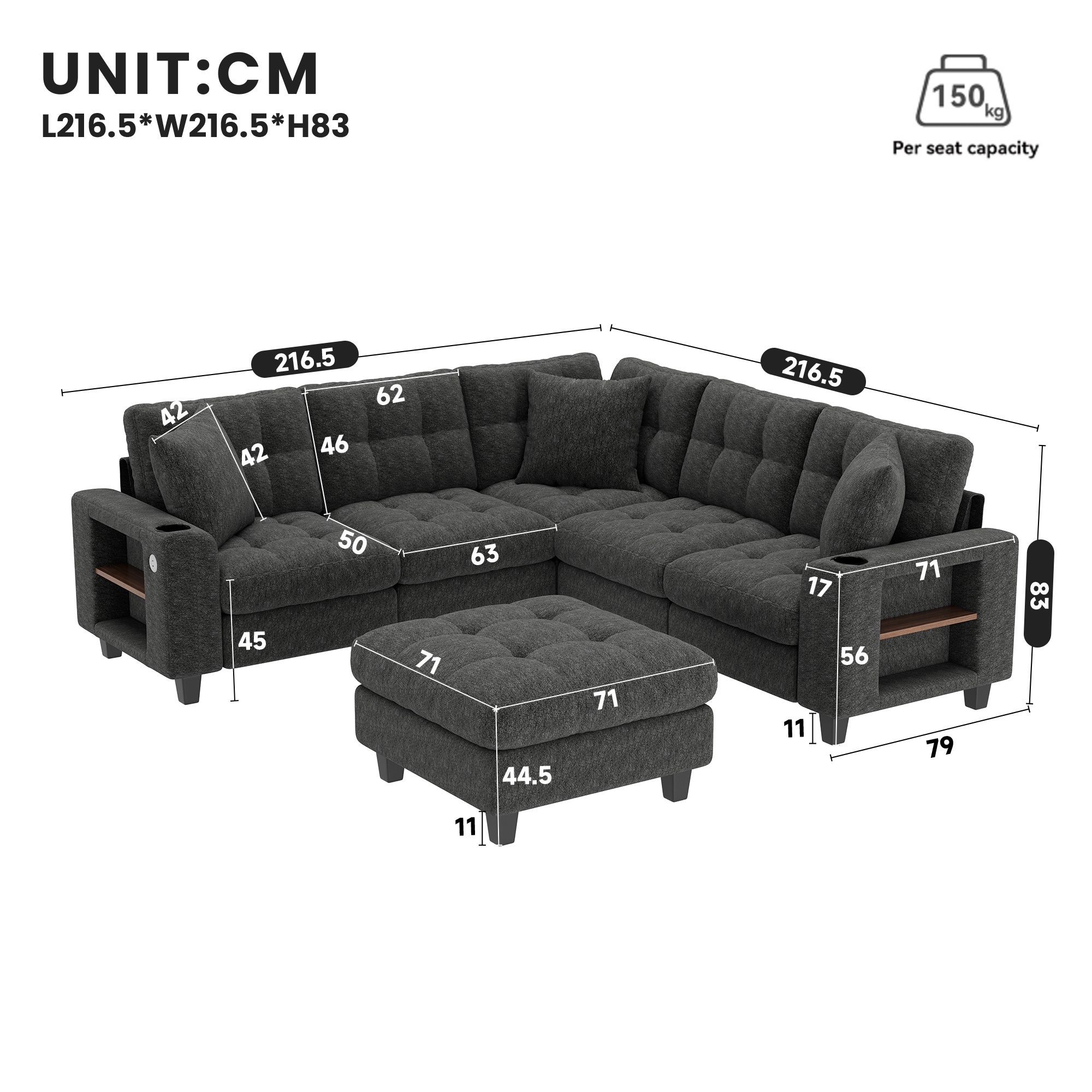 Canapé d'Angle XXL Modulaire en U, 6 Places en Chenille avec Accoudoirs Bibliothèque, Pouf Amovible, Porte-Gobelets et Ports USB/USB-C Intégrés, Gris - 5