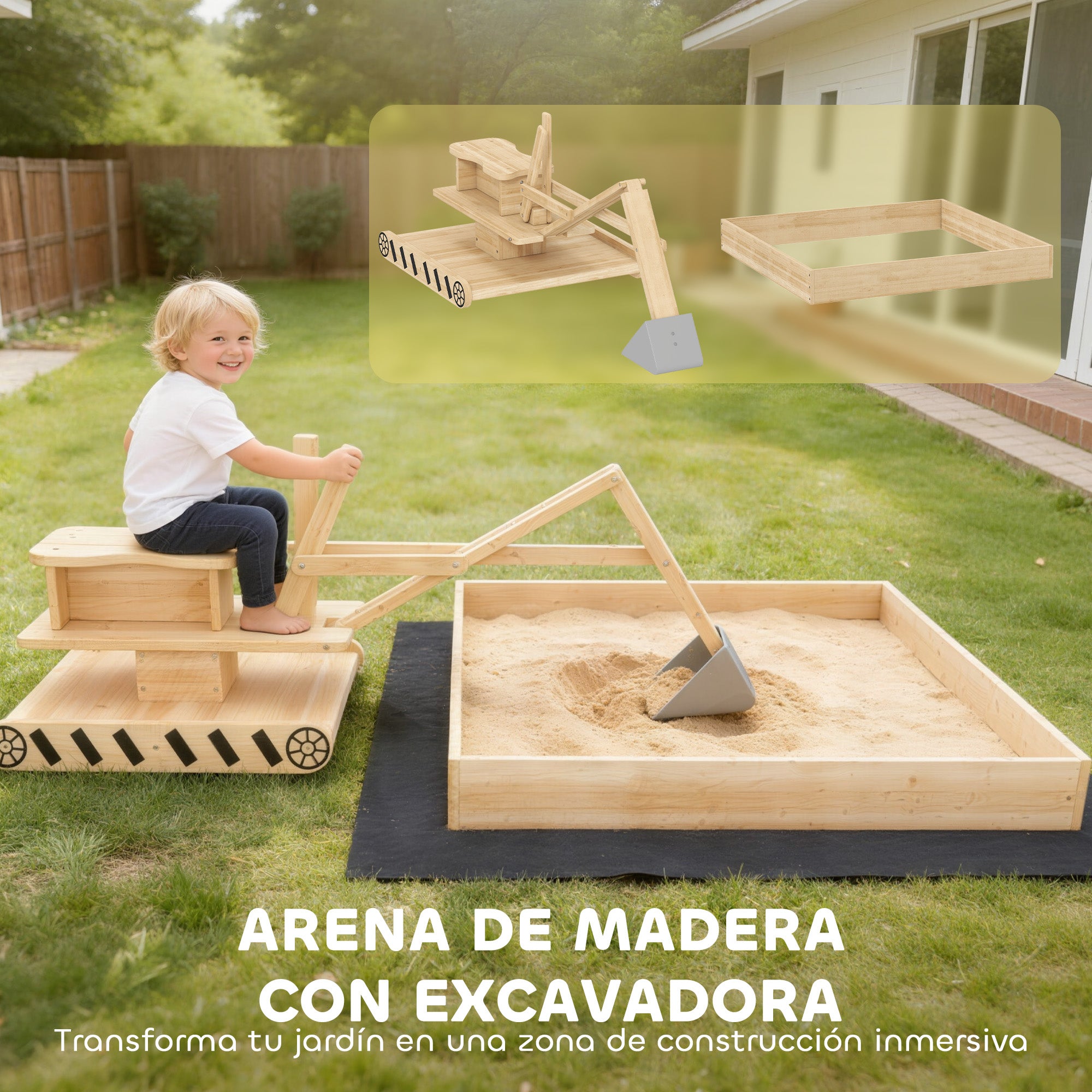 Bac à sable bois enfants 184x90x56cm avec pelle excavation, siège rotatif 360° et doublure, naturel - 6