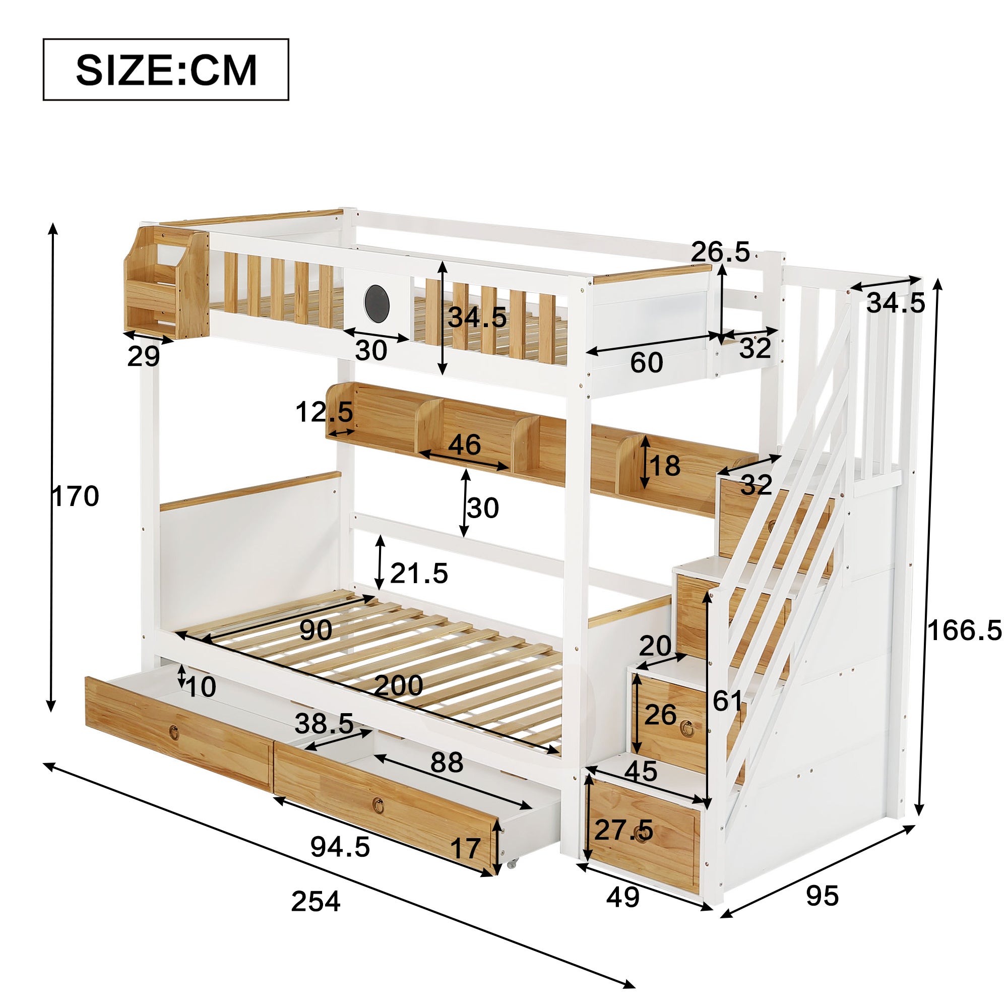 Lit superposé avec escalier de rangement - 90x200cm - 4 casiers dans l'escalier et 2 tiroirs sous le lit - avec sommier lattes - Blanc - 5