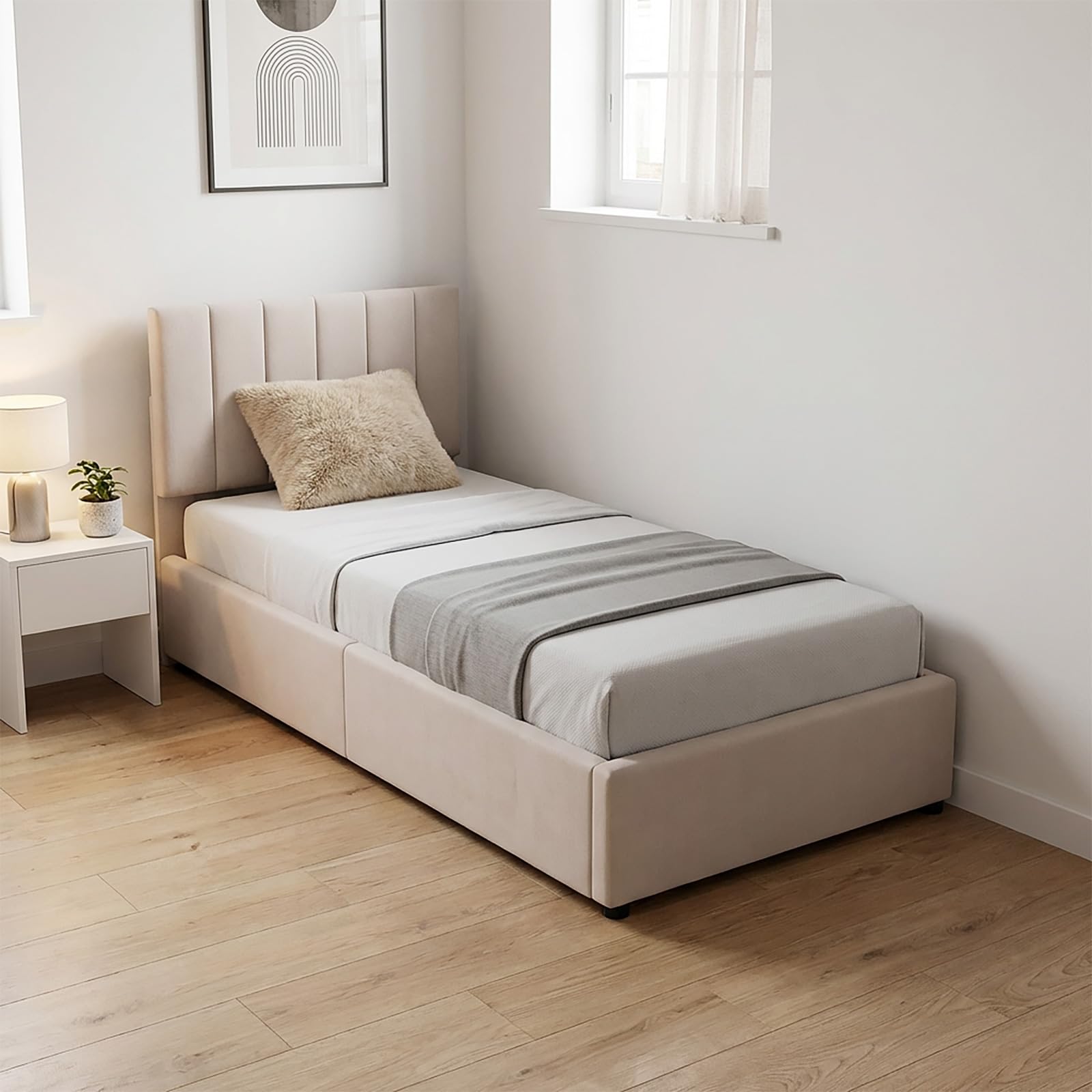Lit Coffre 90x200 cm, Lit Capitonné Enfant avec Coffre de Rangement Hydraulique et Sommier à Lattes, Tête de Lit Réglable, Sans Matelas, Beige - 7