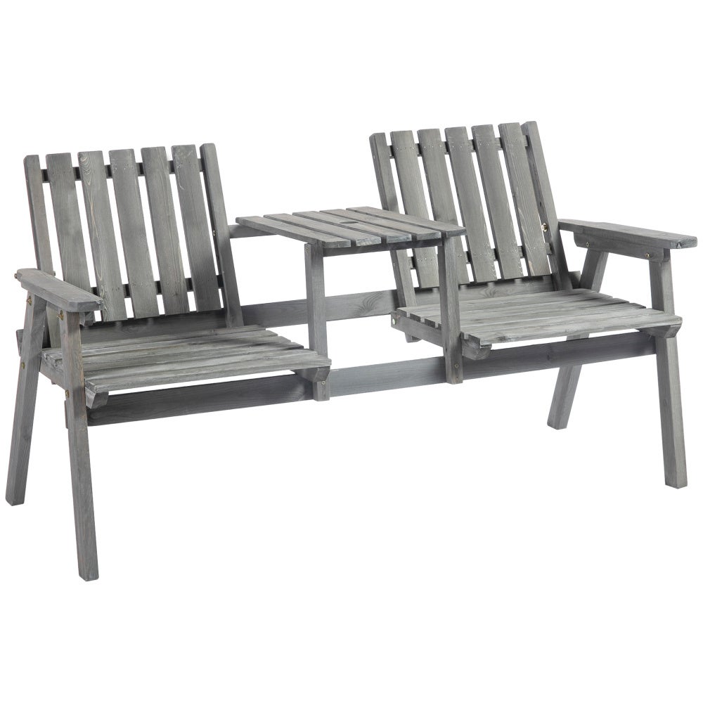 Banco de jardín de madera gris con mesa y agujero para sombrilla 2 asientos muebles exteriores terraza 152x70x83 cm