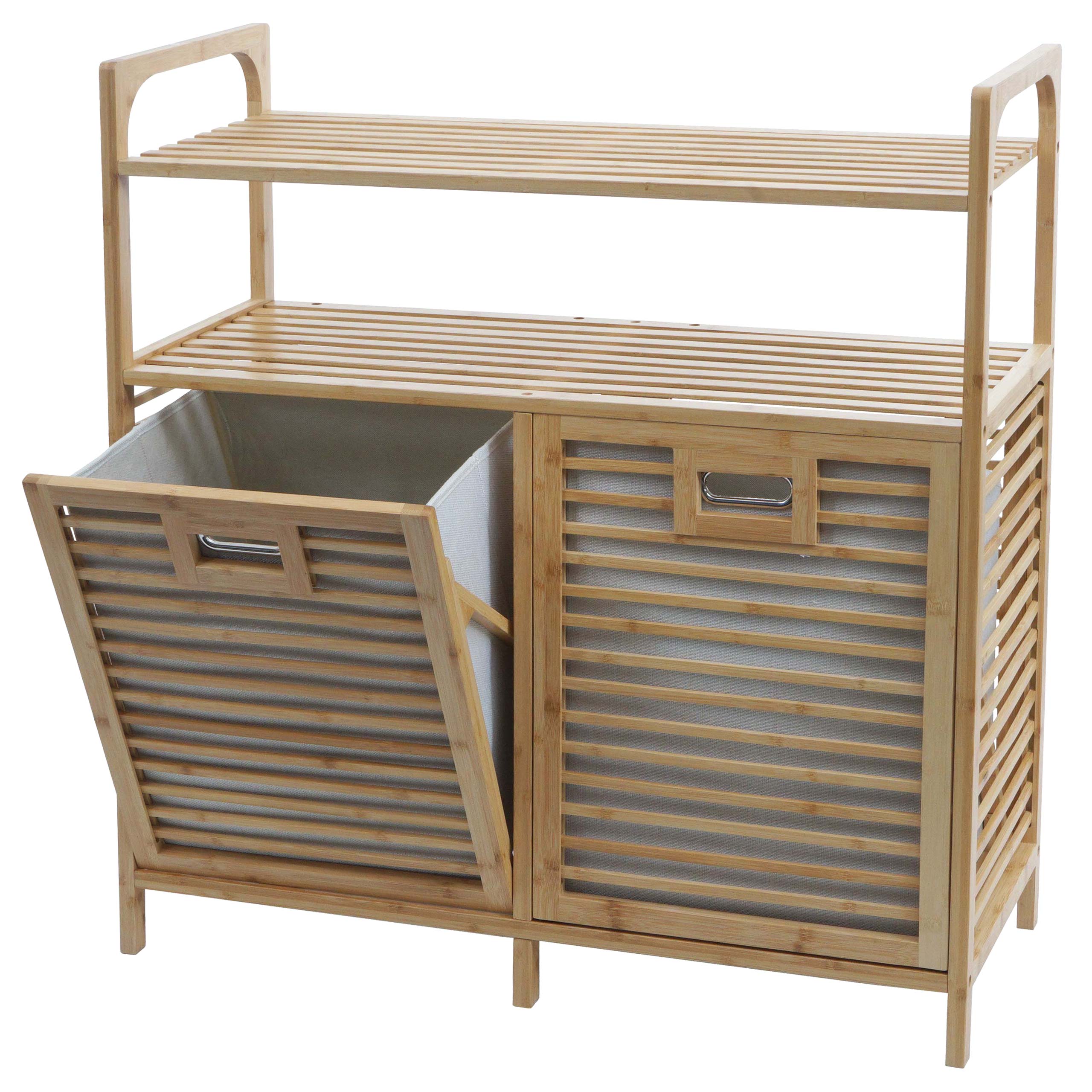 Szafka łazienkowa z bambusa HWC-N83, szafka łazienkowa z półką na bieliznę, 2 kosze na bieliznę, 2 półki, certyfikat MVG, 88 x 81 x 33 cm