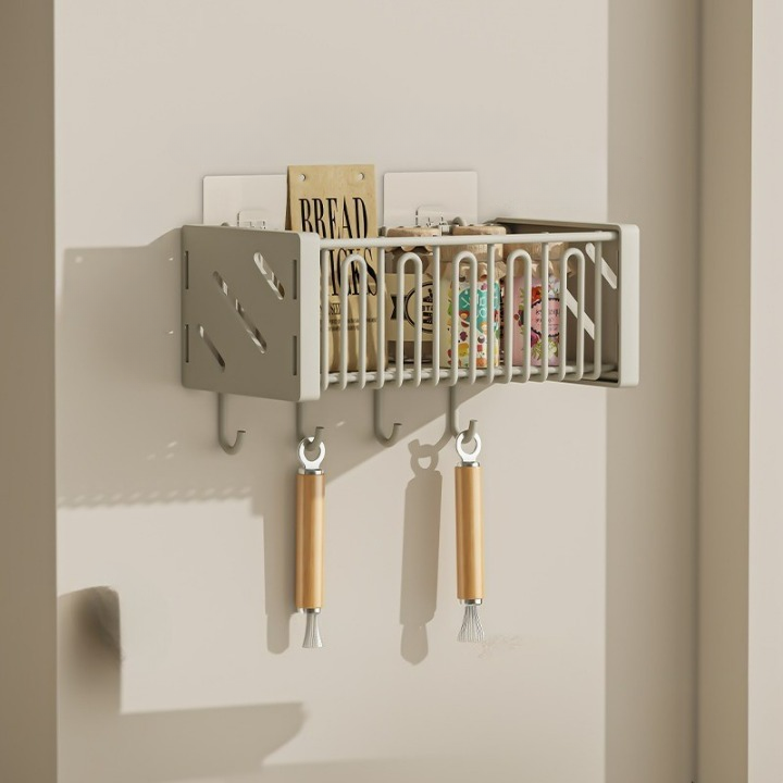 Stojak na warzywa i przyprawy, ścienny, z ociekaczem i haczykami, 4 sztuki, kremowo-biały, 27*15,5*10,5 cm