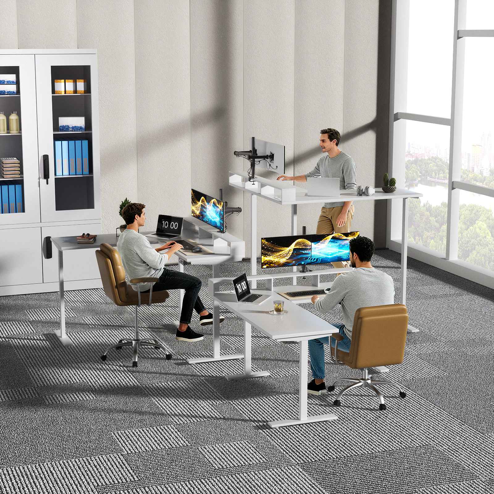 Bureau debout en L avec prises, bureau d’angle électrique réglable en hauteur avec support écran, bureau ergonomique maison pour travail et gaming - 3