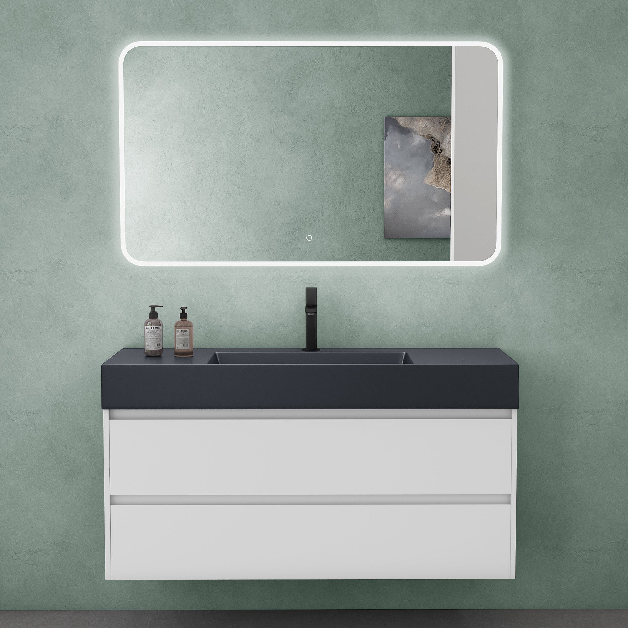 Ensemble Meuble De Salle De Bain 2 Tiroirs Gris Clair Et Miroir à LED