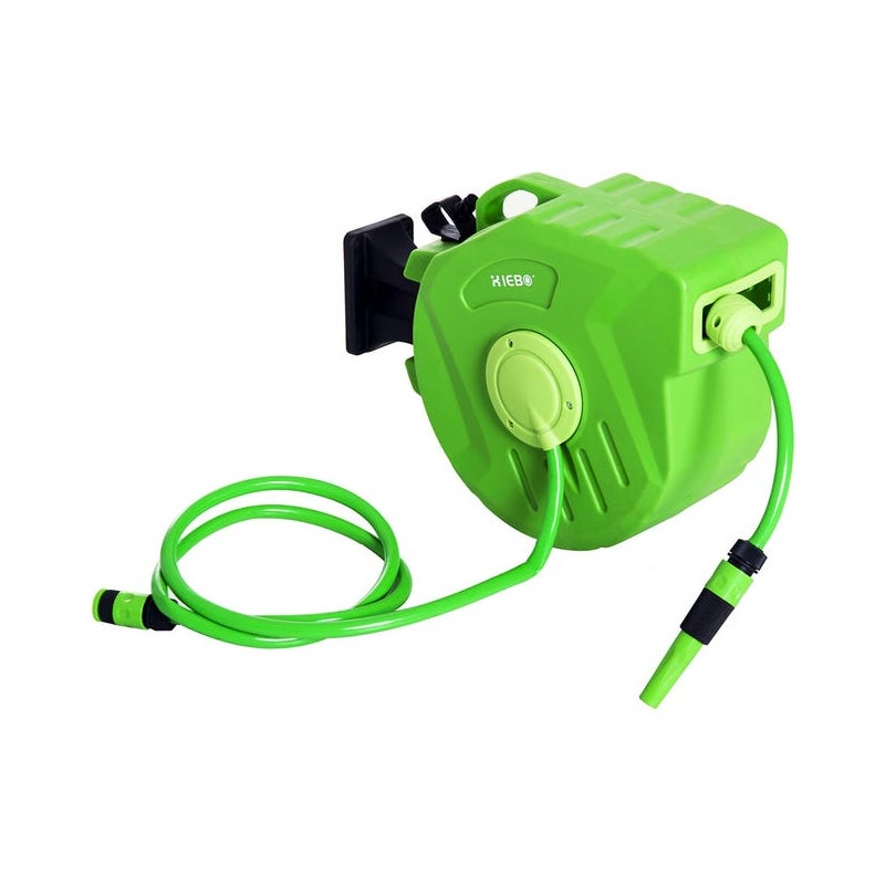 Automatyczny bęben na wąż 15 m, obrotowy bęben ścienny z 1,5-metrowym wężem ogrodowym i sprężonym powietrzem, zielony