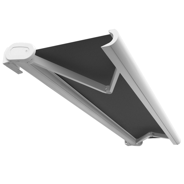 Toldo cofre integral HEVOA 4,00x3,00 M (Motorizado com telecomando e manobra de emergência - Estrutura branco - Tela cinza escuro)