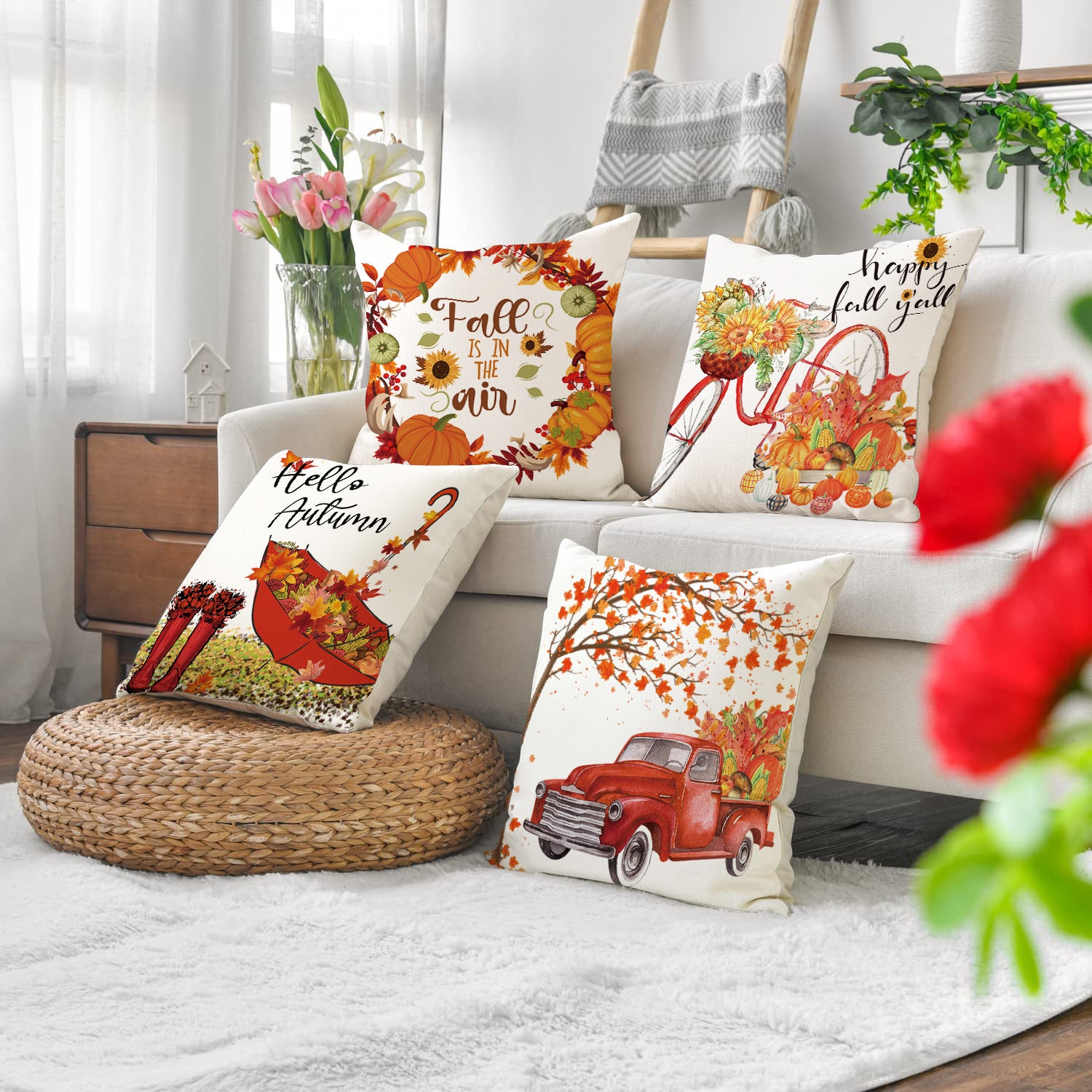 Lot de 4 housses de coussin décoratives motif citrouille 45 x 45 cm, pour canapé, salon, chambre, jardin, décoration d'intérieur - 2