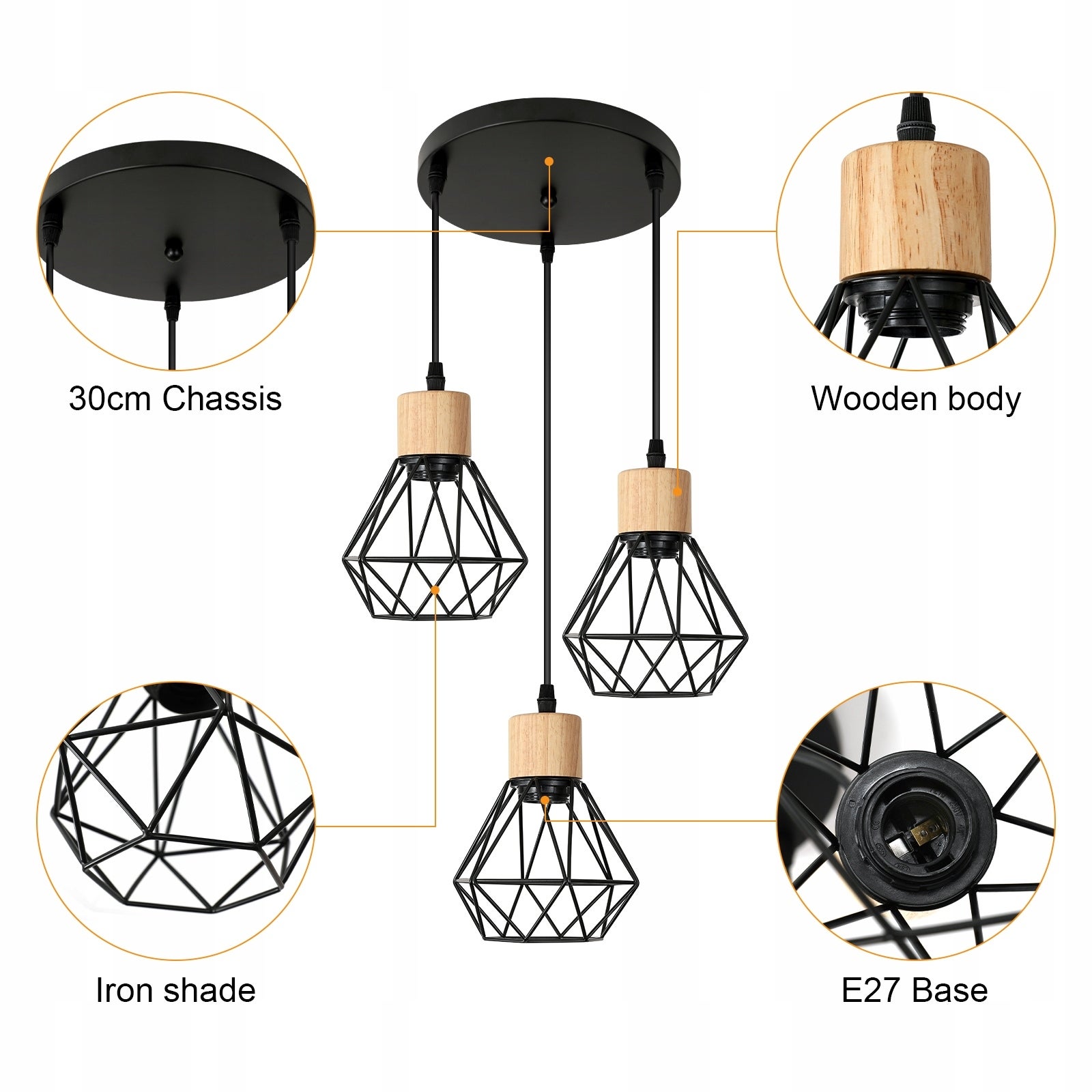 GOECO Lustre Suspension en Diamant, Noir - 3 Têtes, Châssis Rond 30 CM, fil 1m(Réglable), Base E27(sans Ampoule) - 2