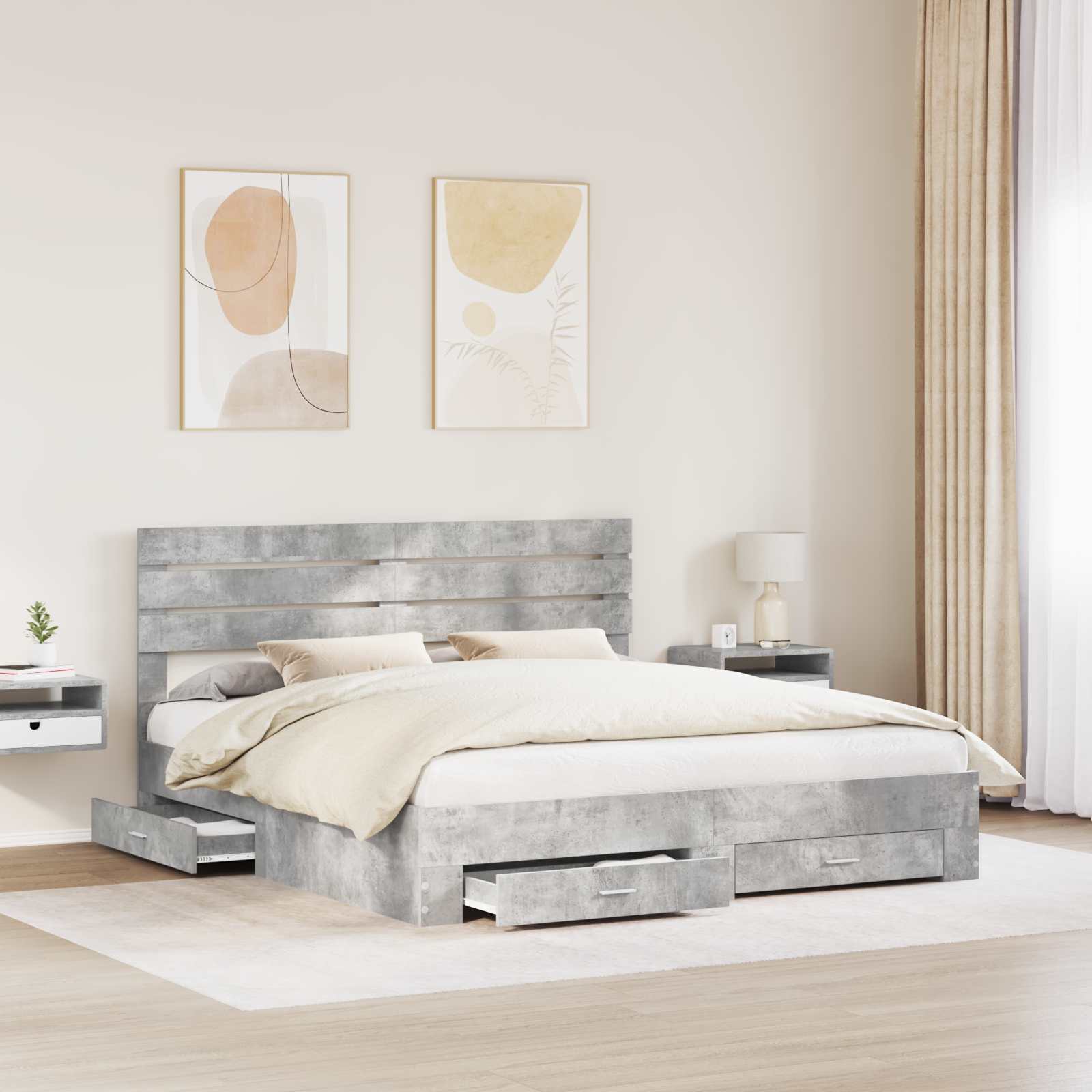 Cadre de lit gris béton 200 x 200 cm panneau de bois - 3