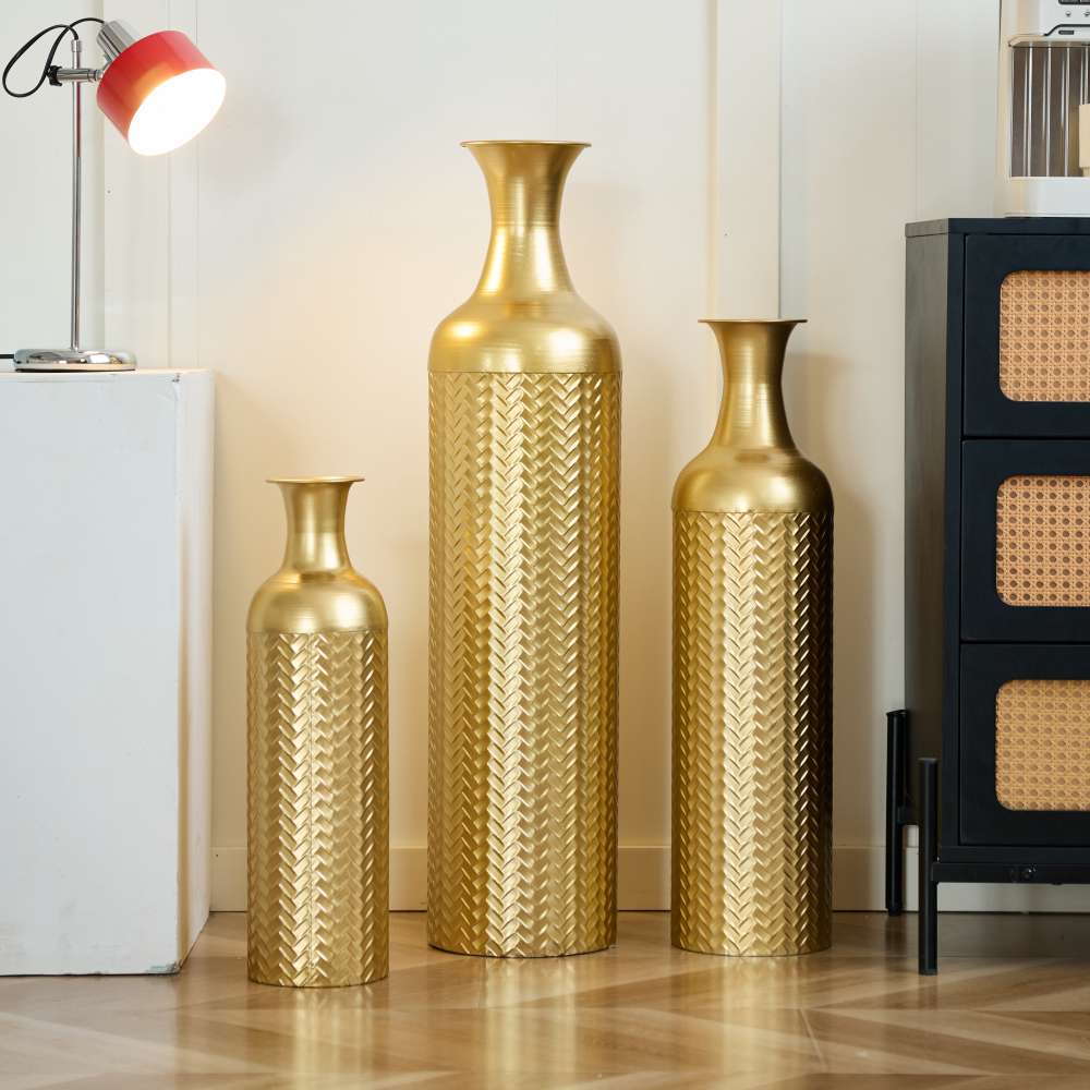 Grand vase métallique sur pied 83/65/50 cm – Set de 3 vases empilables pour fleurs sèches et pampas, décoration élégante salon et chambre - 2